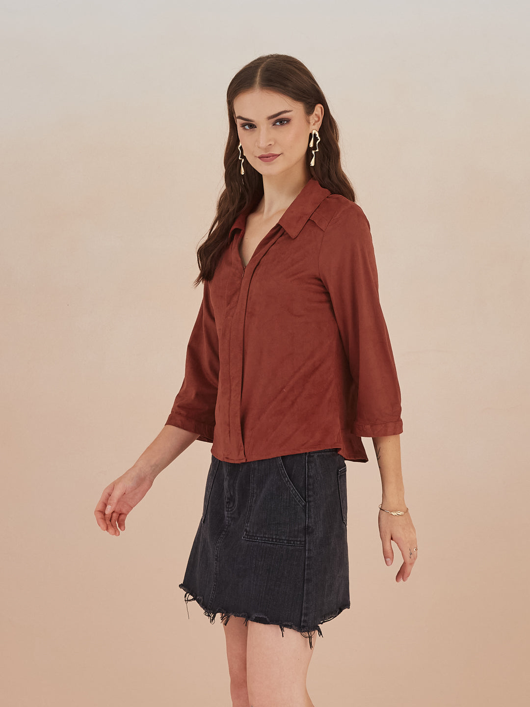 Latin Quarters Women Rust Collared 3/4th Sleeve Solid Top For Casual Wear