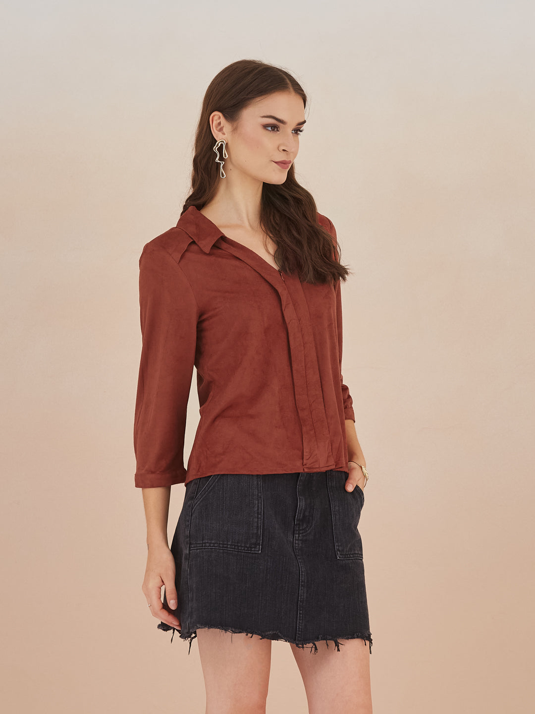Latin Quarters Women Rust Collared 3/4th Sleeve Solid Top For Casual Wear