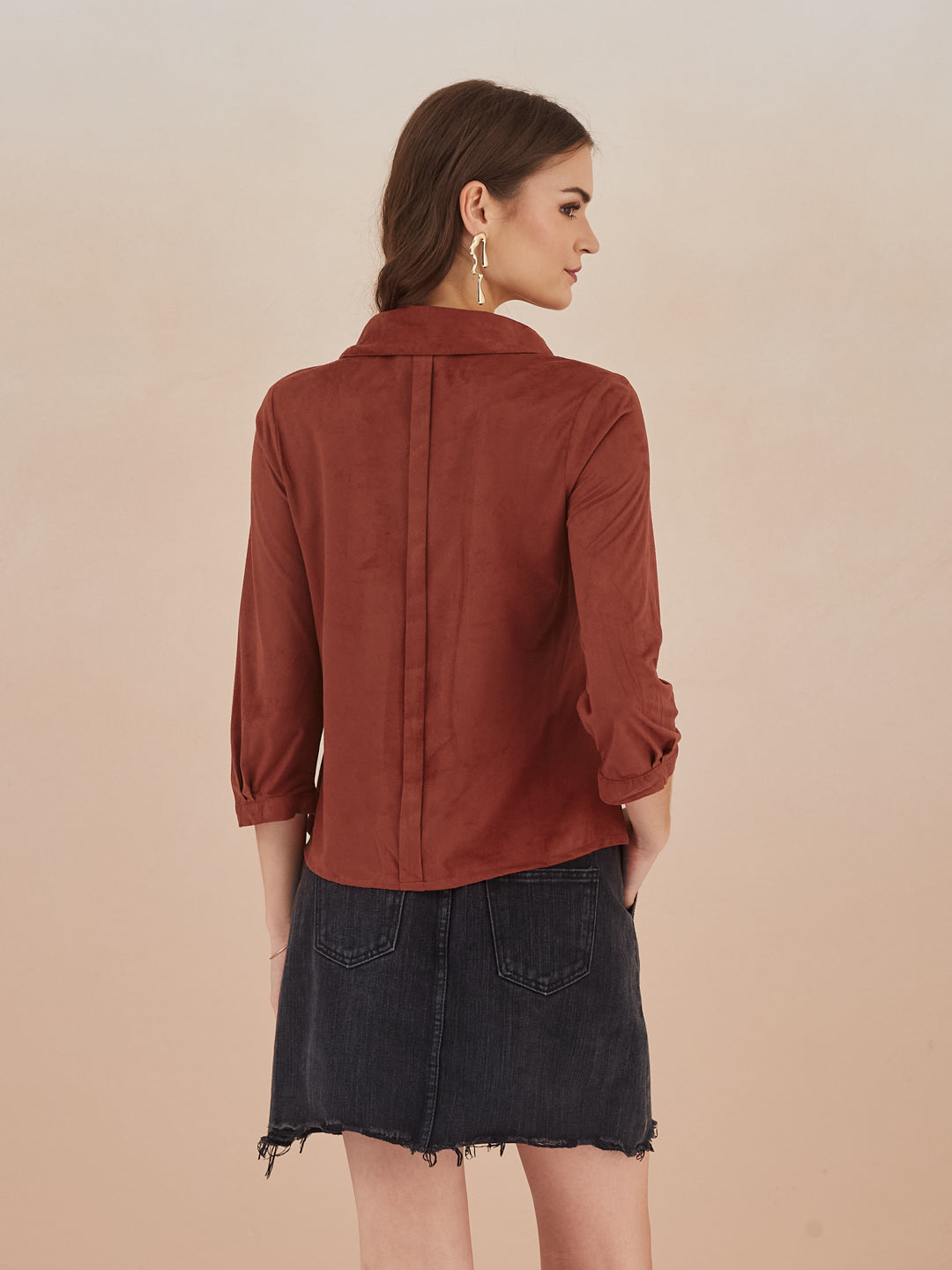 Latin Quarters Women Rust Collared 3/4th Sleeve Solid Top For Casual Wear