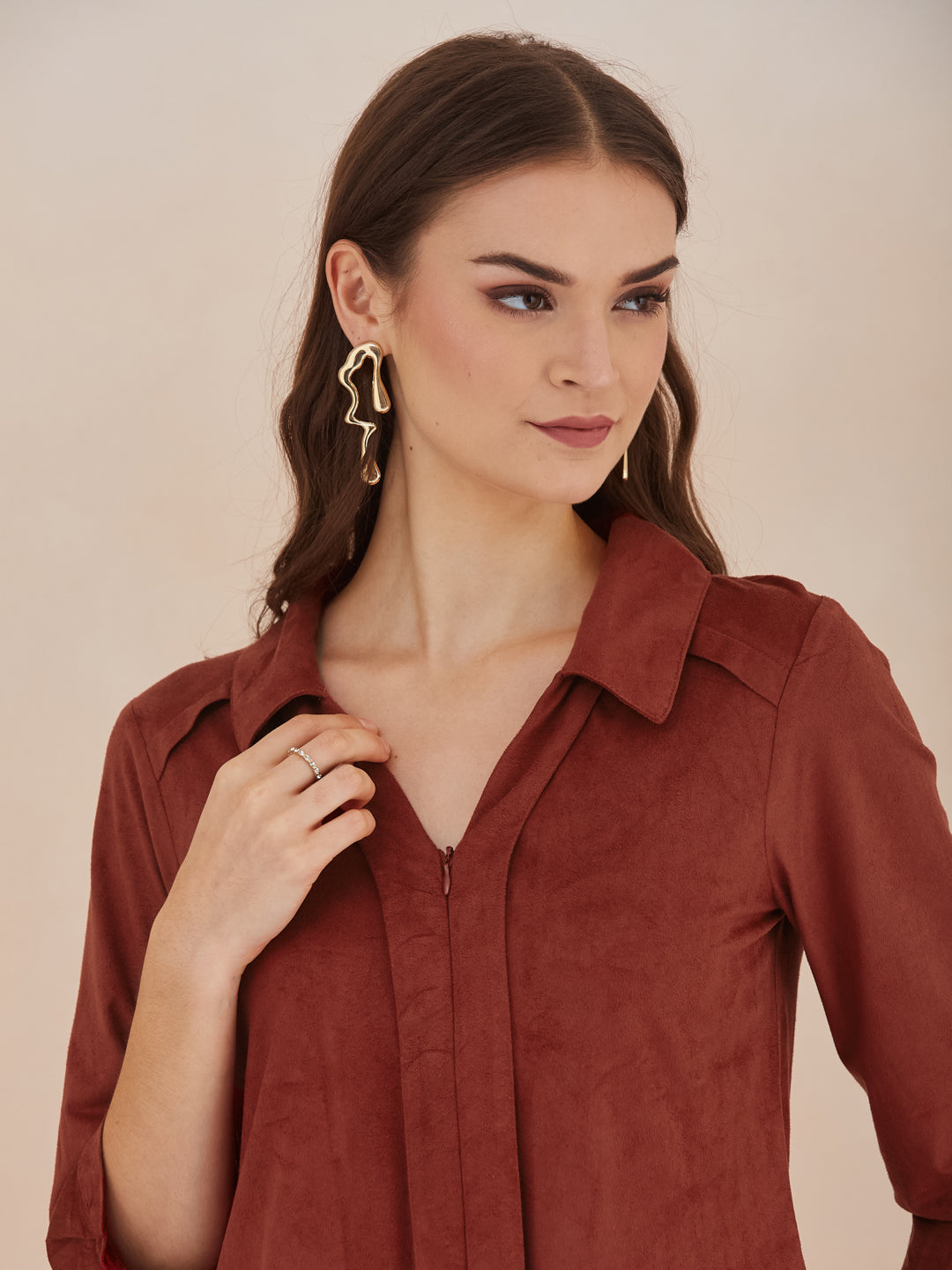 Latin Quarters Women Rust Collared 3/4th Sleeve Solid Top For Casual Wear