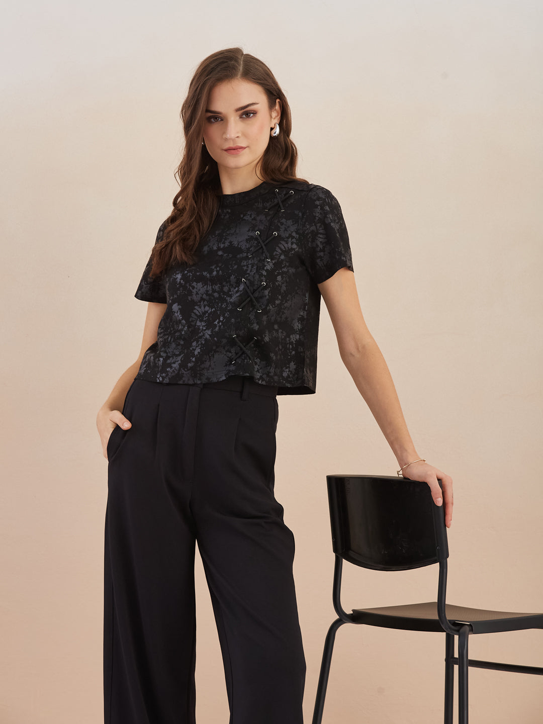 Latin Quarters Women Black Short Sleeves Round Neck Crop Top for Casual Occasion