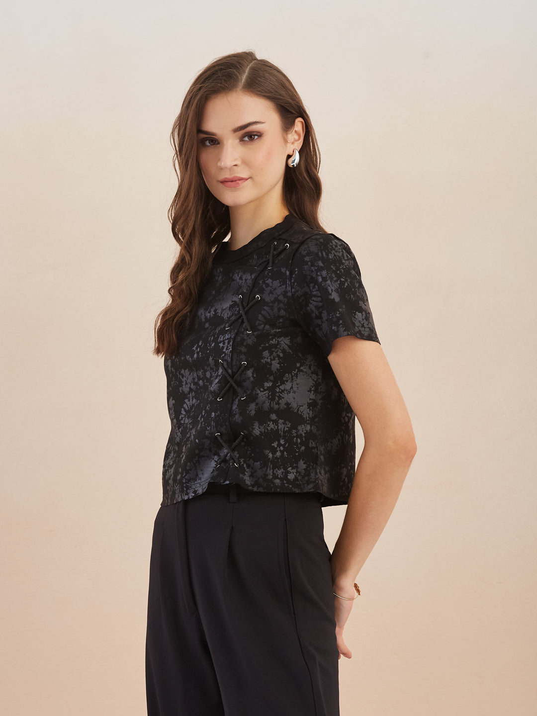 Latin Quarters Women Black Short Sleeves Round Neck Crop Top for Casual Occasion