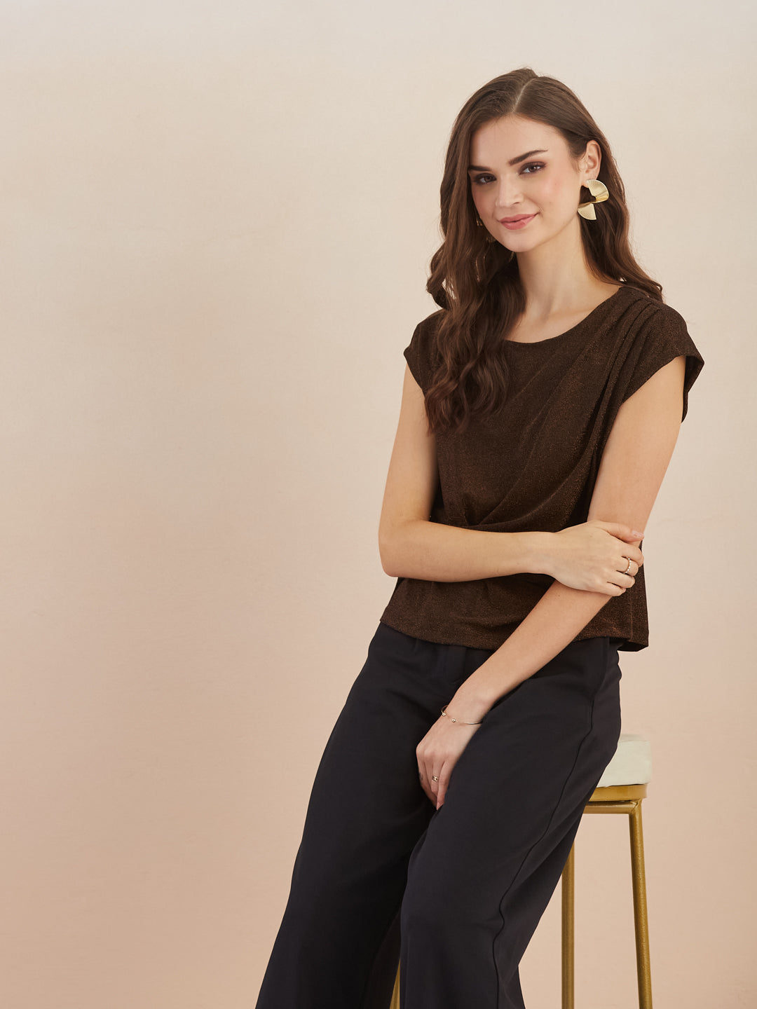 Latin Quarters Women Brown Round Neck Cap Sleeves Top for Party Occasion