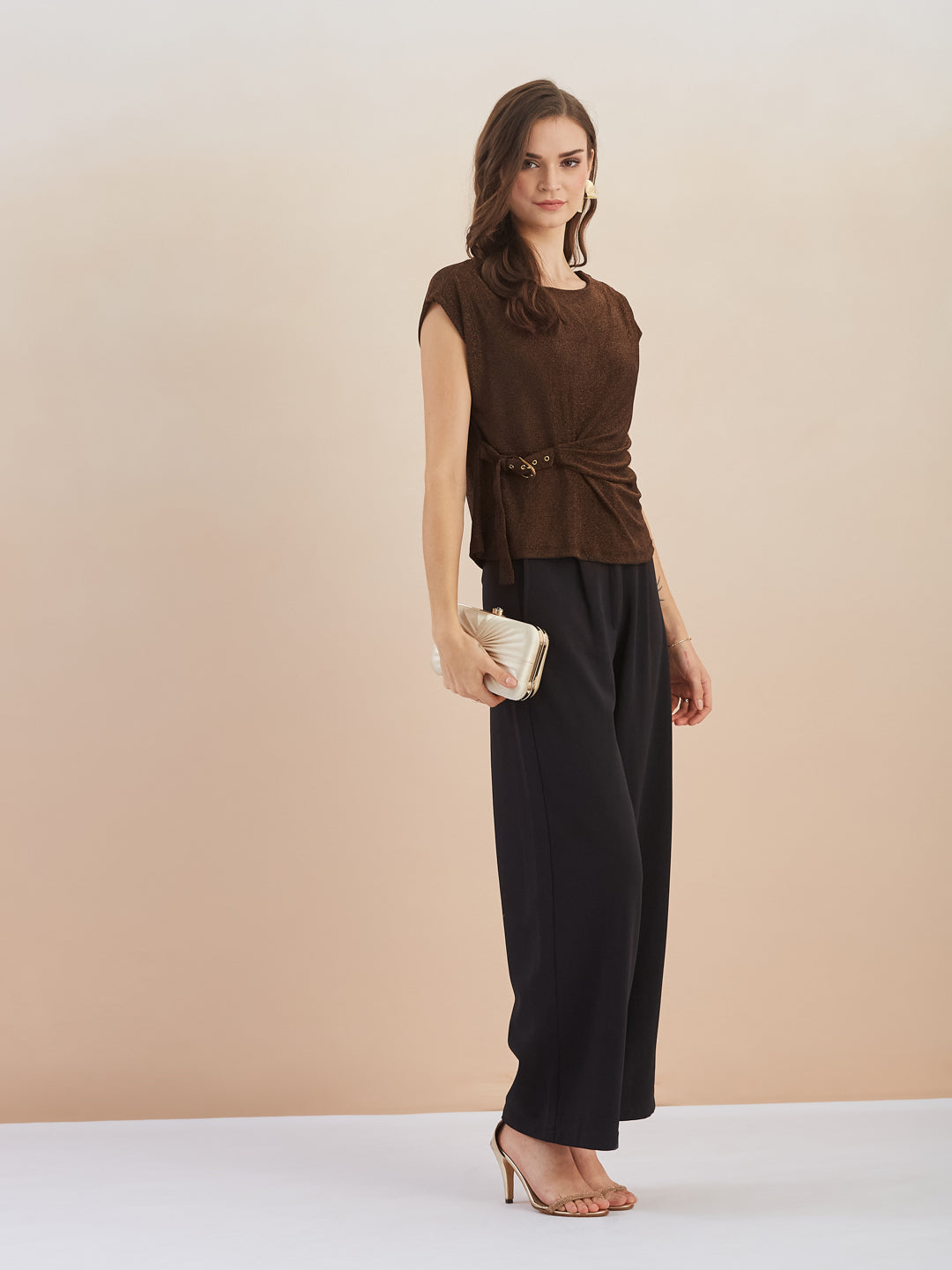 Latin Quarters Women Brown Round Neck Cap Sleeves Top for Party Occasion