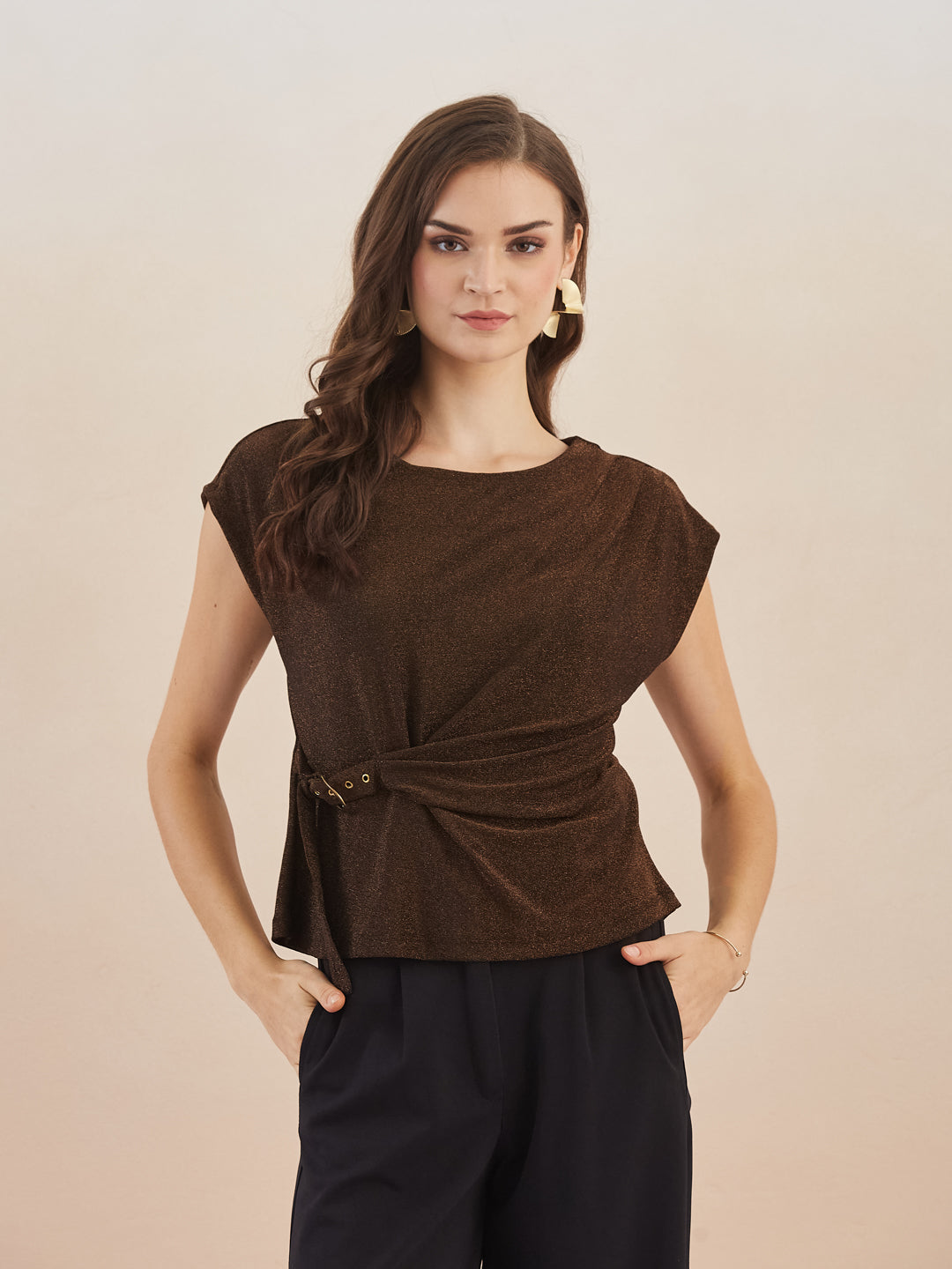 Latin Quarters Women Brown Round Neck Cap Sleeves Top for Party Occasion