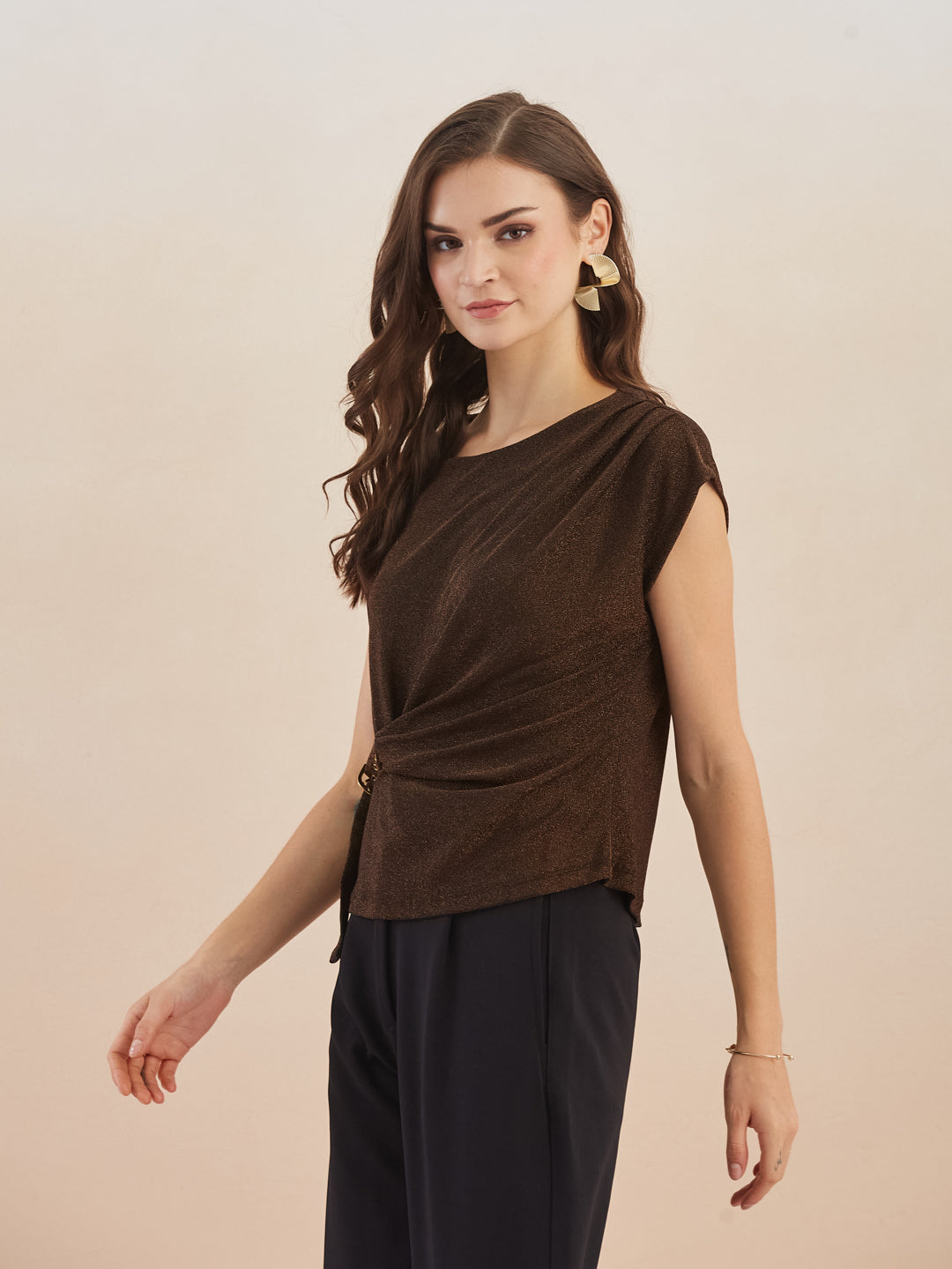 Latin Quarters Women Brown Round Neck Cap Sleeves Top for Party Occasion
