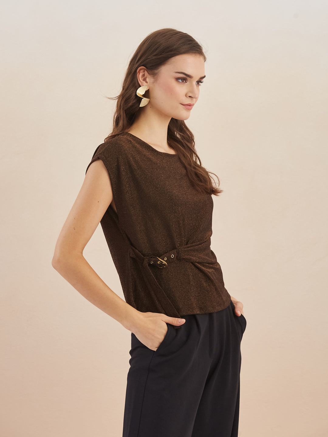 Latin Quarters Women Brown Round Neck Cap Sleeves Top for Party Occasion