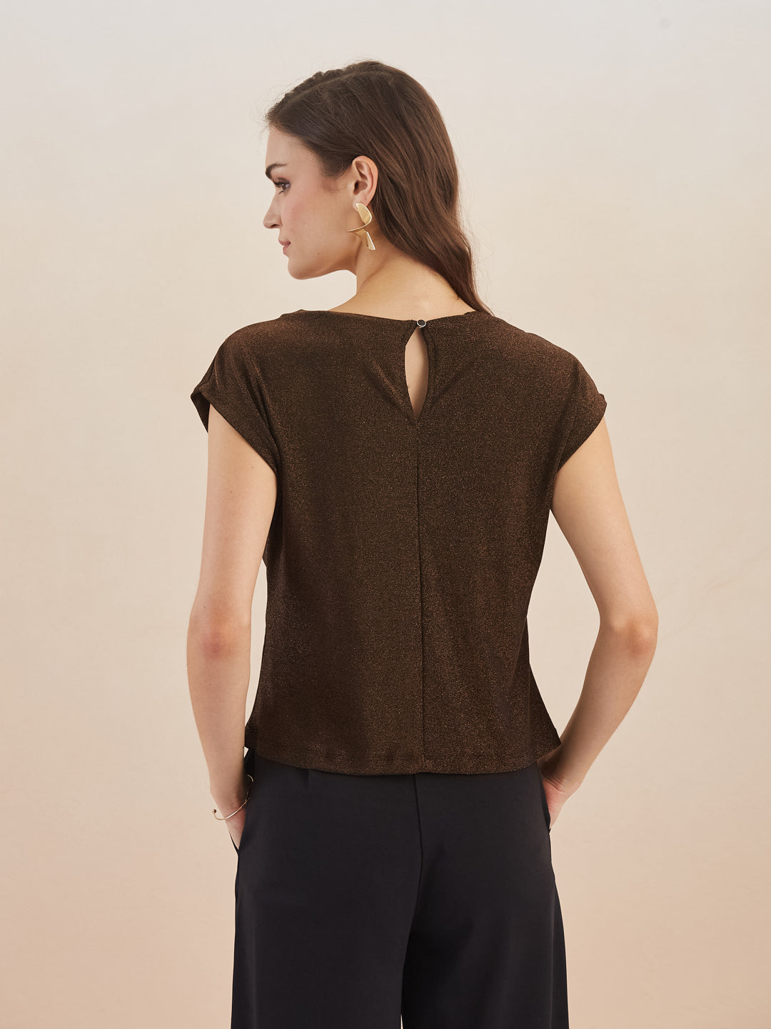 Latin Quarters Women Brown Round Neck Cap Sleeves Top for Party Occasion