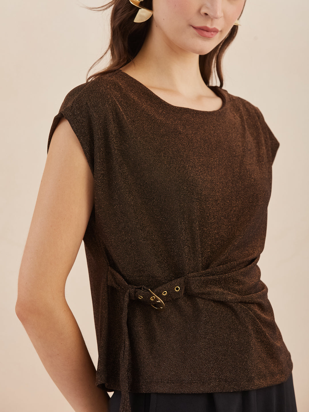 Latin Quarters Women Brown Round Neck Cap Sleeves Top for Party Occasion