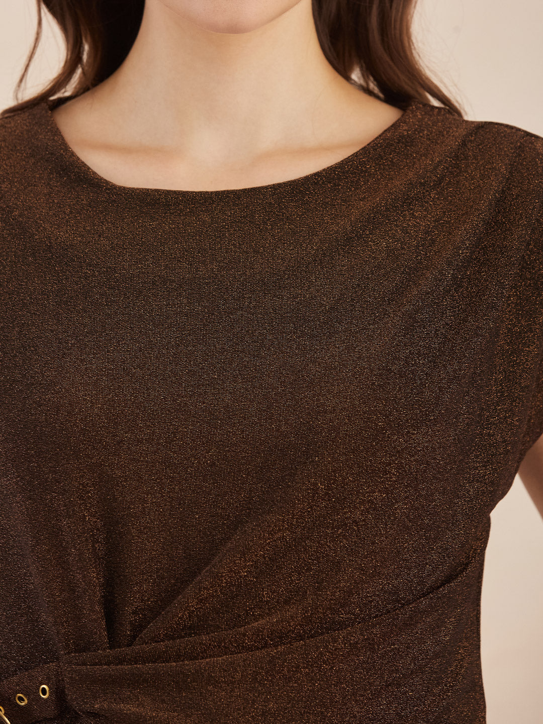 Latin Quarters Women Brown Round Neck Cap Sleeves Top for Party Occasion