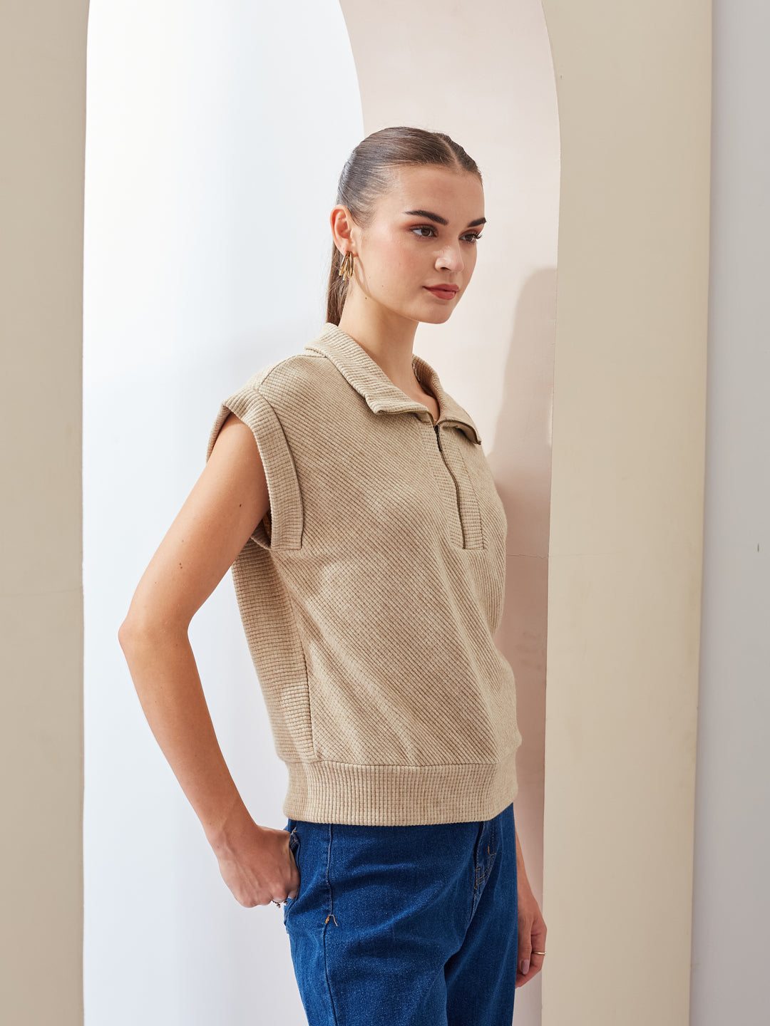 Latin Quarters Women Beige Solid Collared Sleeveless Casual Regular Top