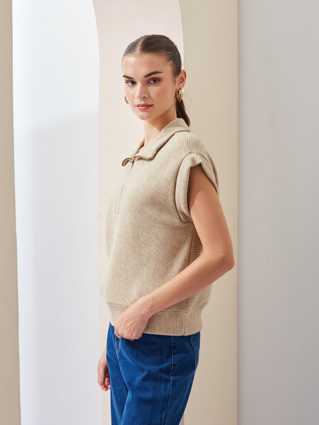 Latin Quarters Women Beige Solid Collared Sleeveless Casual Regular Top