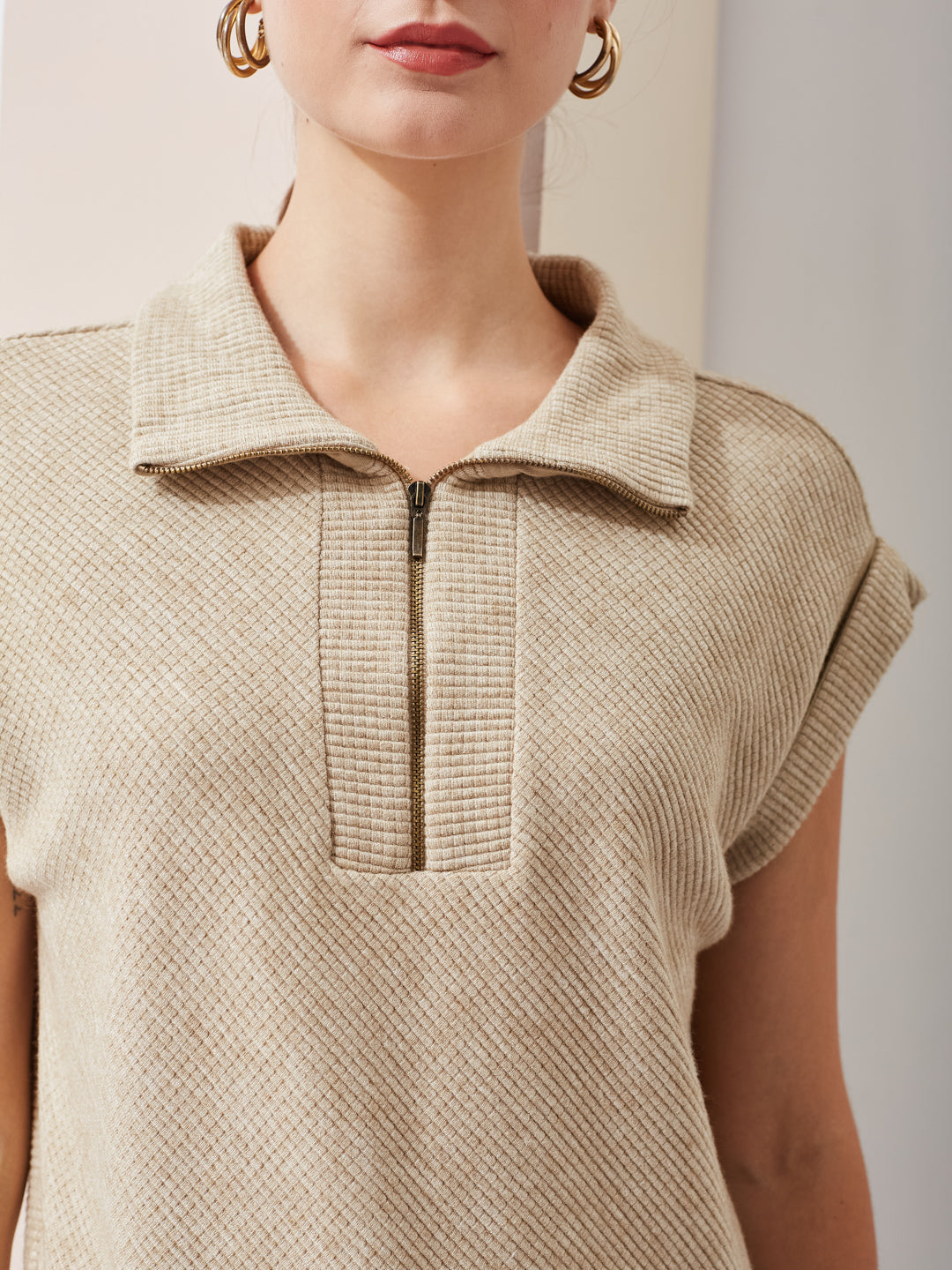 Latin Quarters Women Beige Solid Collared Sleeveless Casual Regular Top