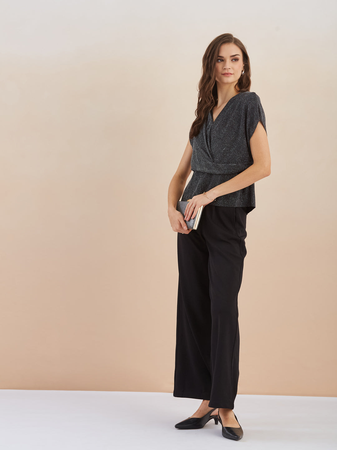 Latin Quarters Women Silver Shimmer V-Neck Cap Sleeve Wrap Top for Party Occassion