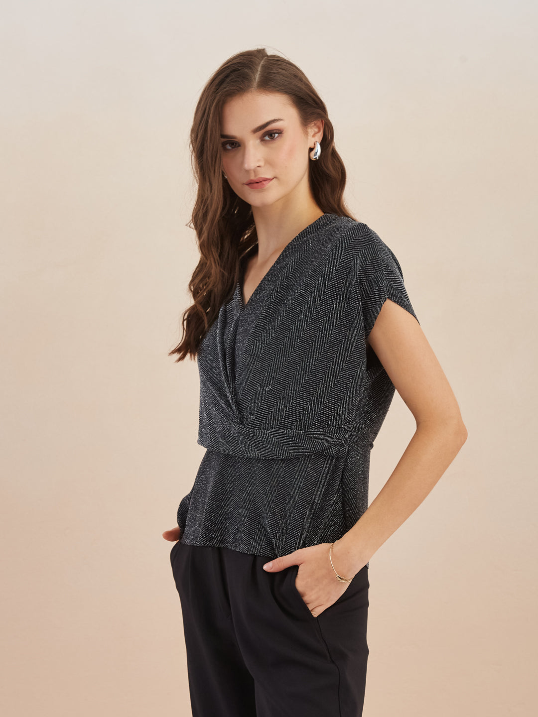 Latin Quarters Women Silver Shimmer V-Neck Cap Sleeve Wrap Top for Party Occassion