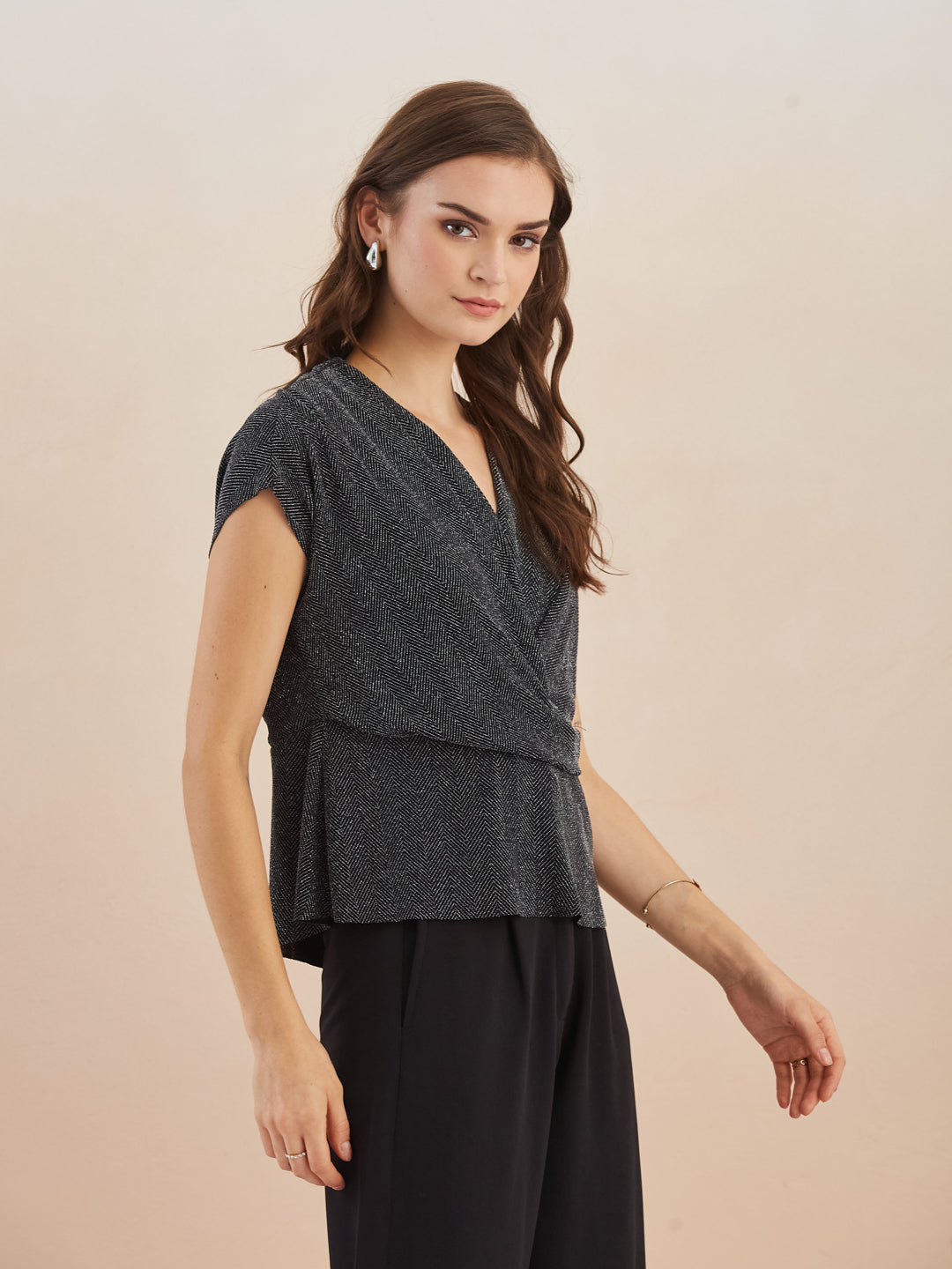 Latin Quarters Women Silver Shimmer V-Neck Cap Sleeve Wrap Top for Party Occassion