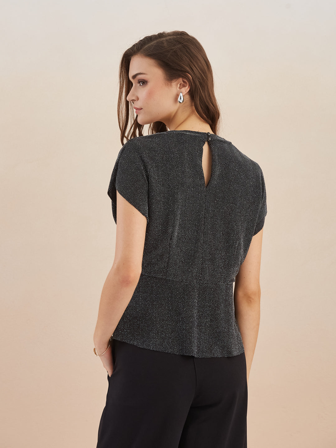 Latin Quarters Women Silver Shimmer V-Neck Cap Sleeve Wrap Top for Party Occassion