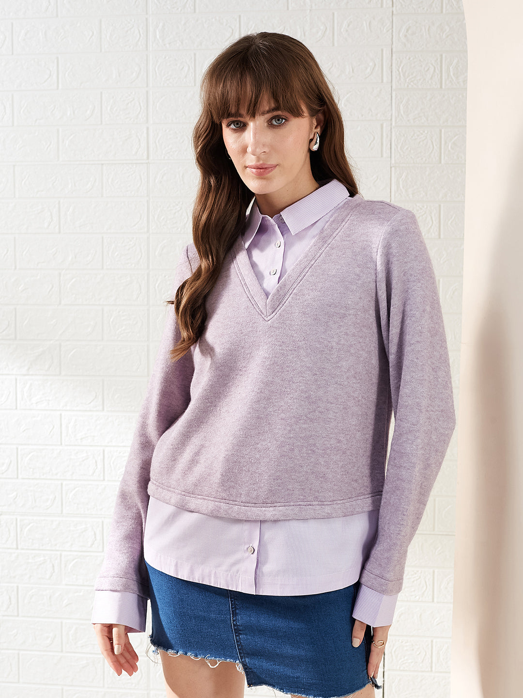 Latin Quarters Women Lavender Solid Collar Full Sleeve Casual Pullover Sweatshirt