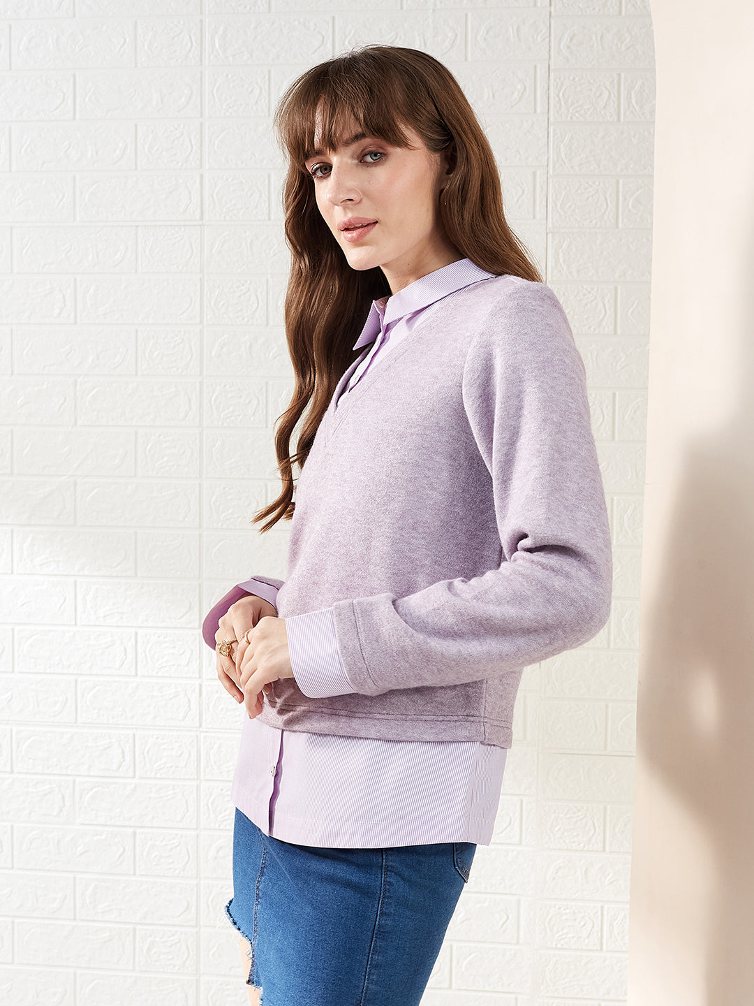 Latin Quarters Women Lavender Solid Collar Full Sleeve Casual Pullover Sweatshirt