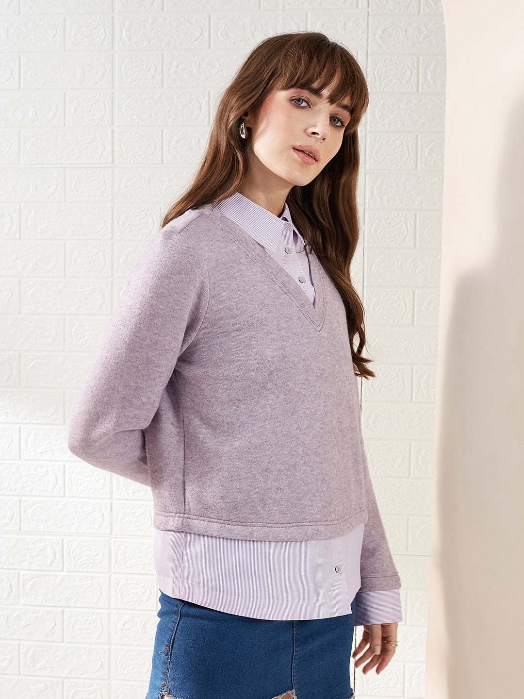Latin Quarters Women Lavender Solid Collar Full Sleeve Casual Pullover Sweatshirt