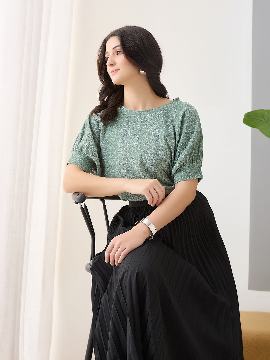 Latin Quarters Women Green Solid Half Sleeves Casual Top