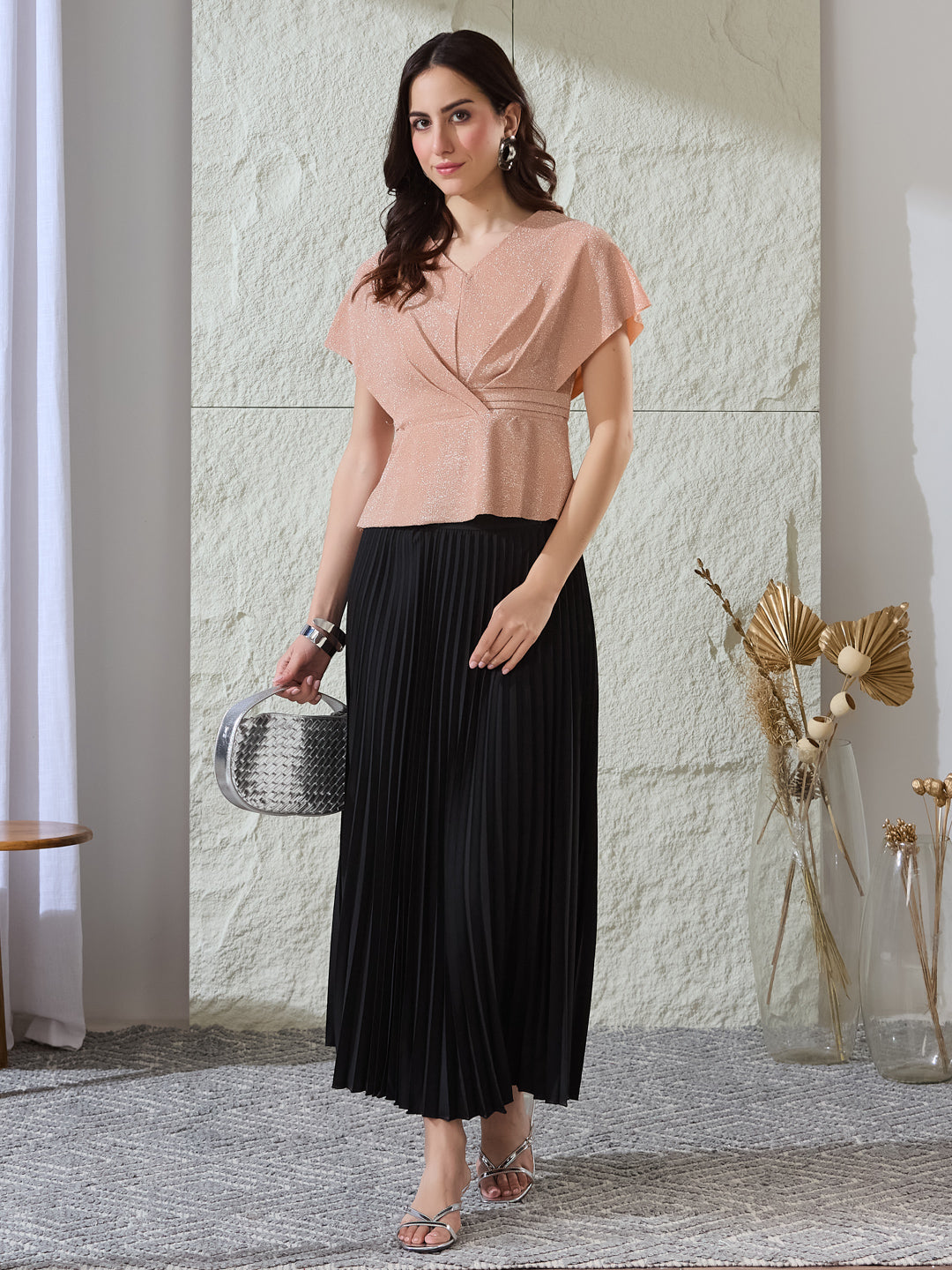 Latin Quarters Women's Peach Shimmer Cap Sleeves V-Neck Party Peplum Top