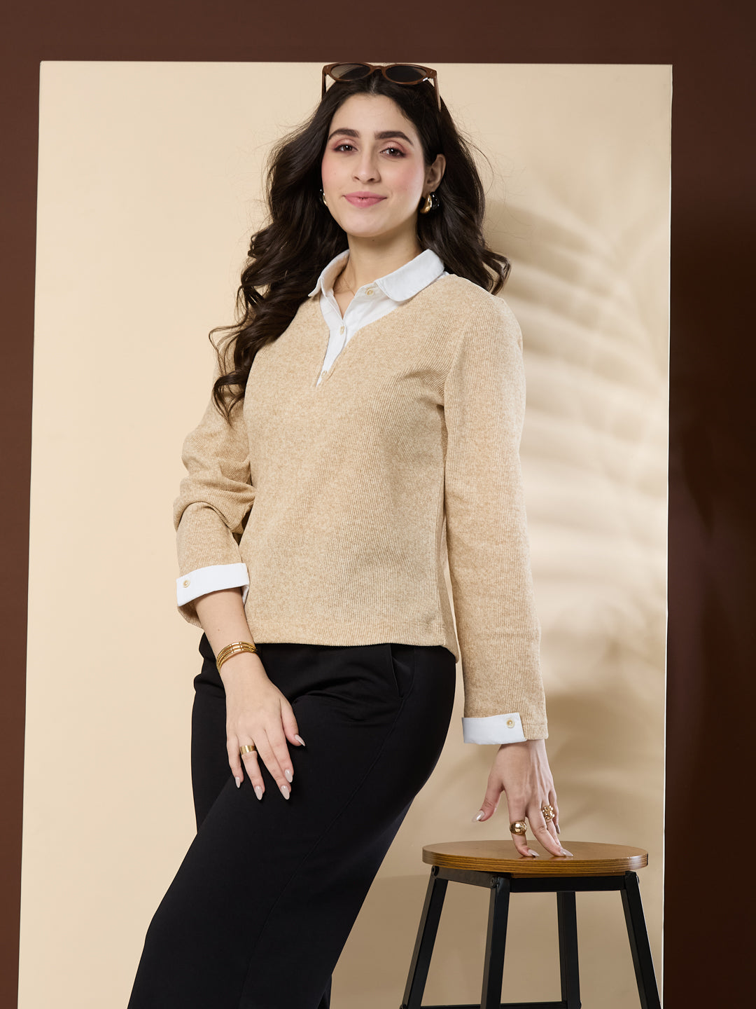 Latin Quarters Women's Textured Beige Full Sleeve Collar Neck Casual Sweater