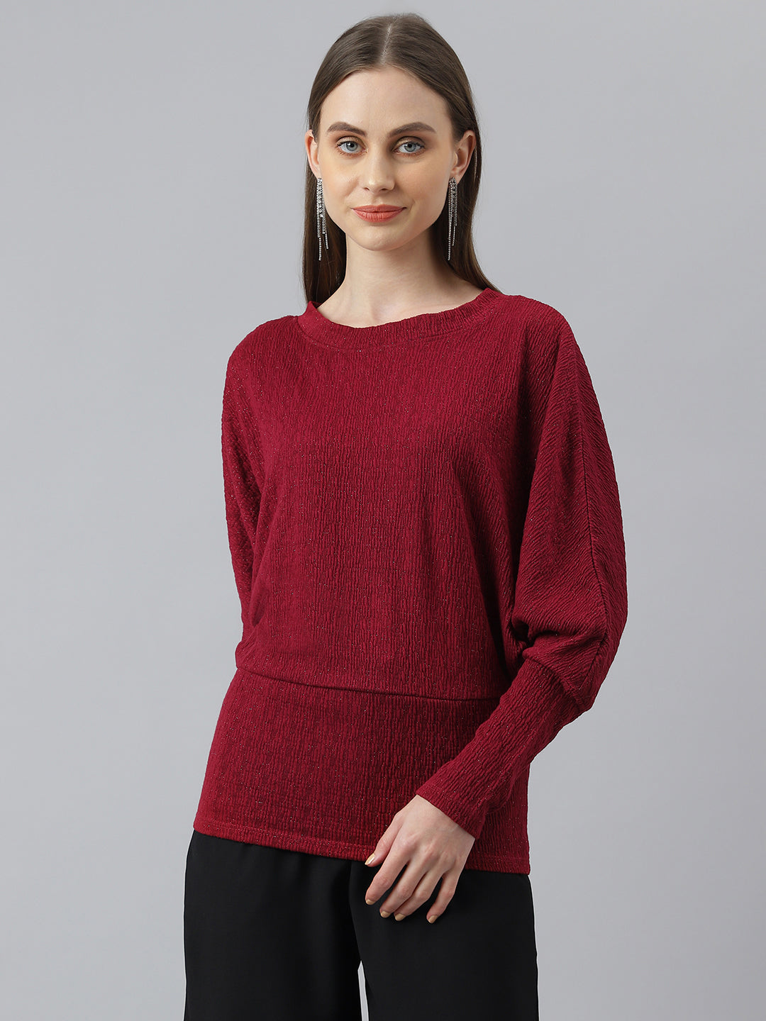 Maroon Full Sleeve Round Neck Women Knit Top for Casual