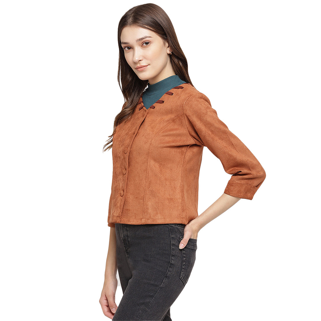 Tan 3/4 Sleeve Solid Top Knit Top For Women & Girls