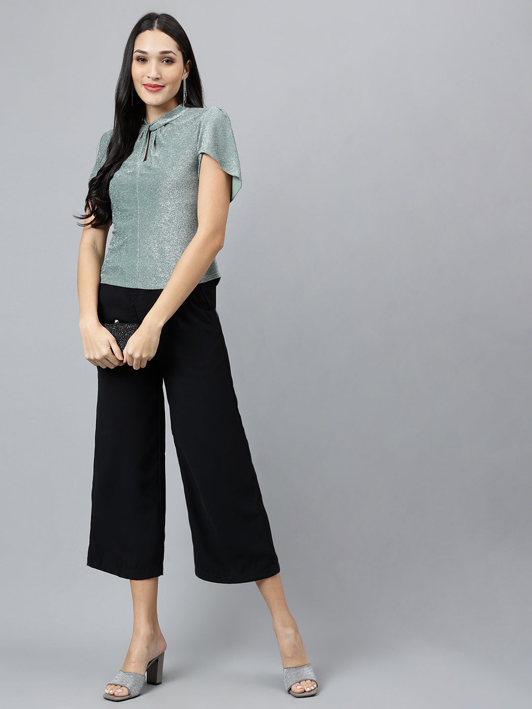 Green Solid Half Sleeve Party Knit Top