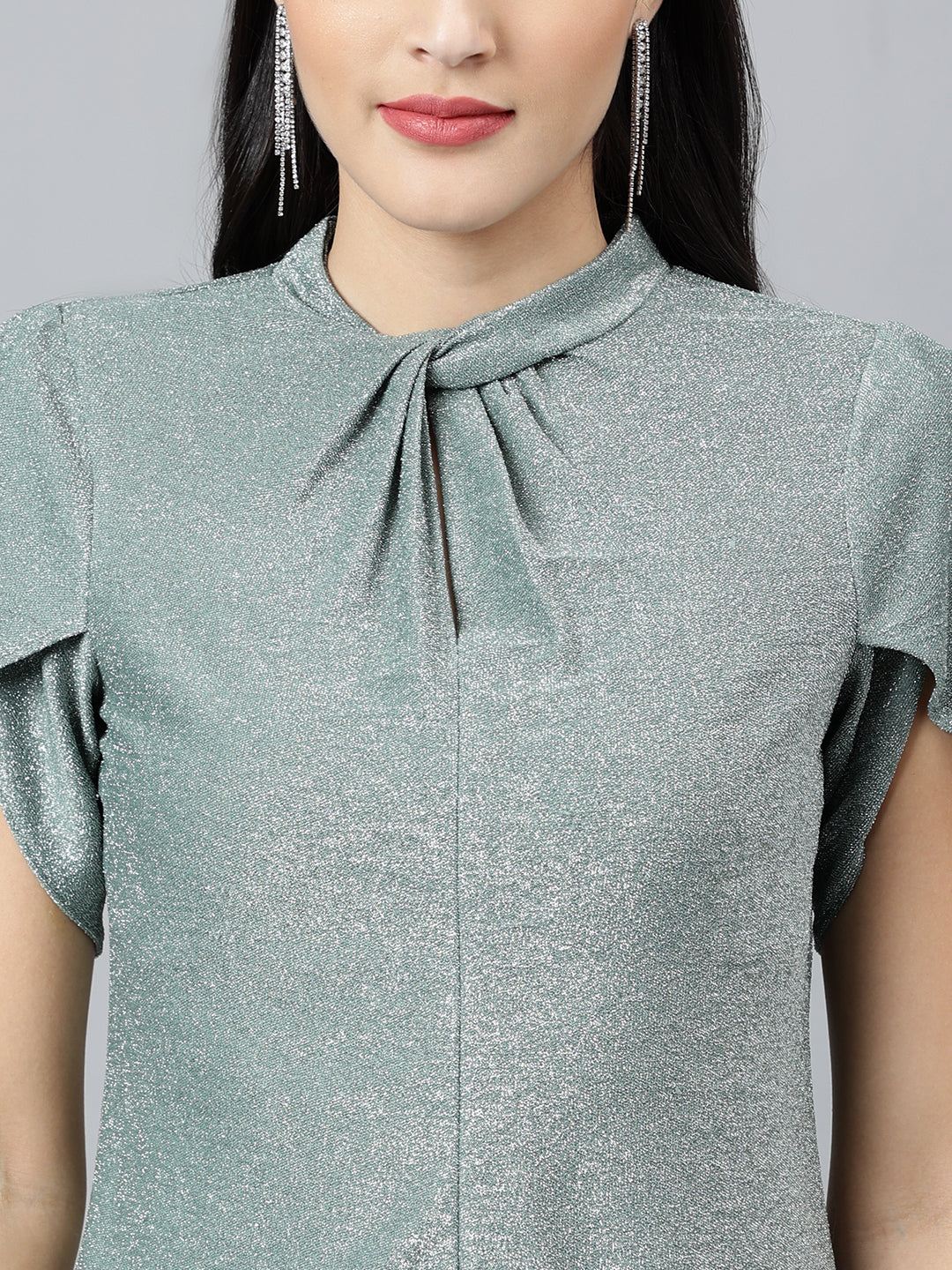 Green Solid Half Sleeve Party Knit Top