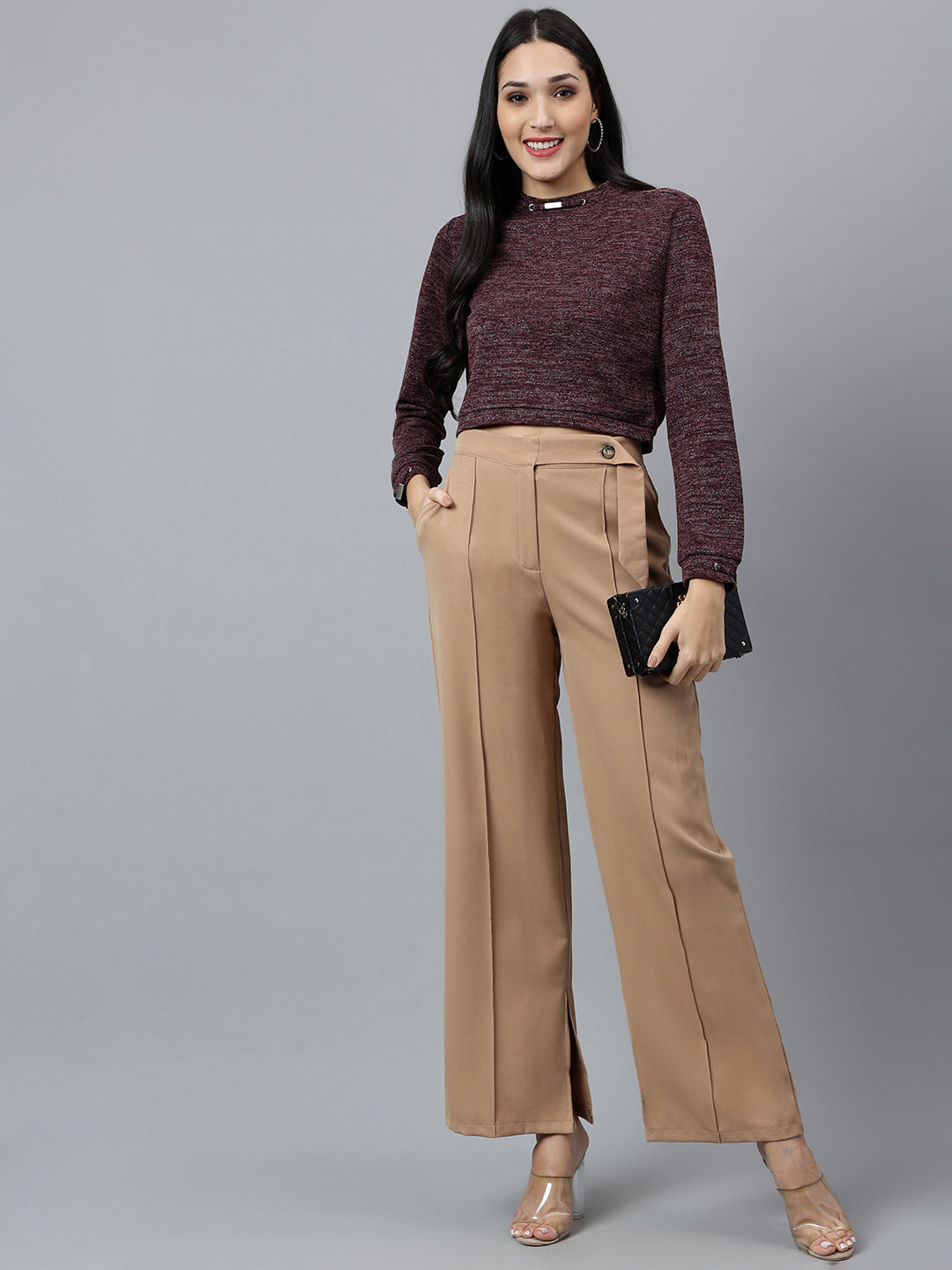 Red Solid Full Sleeve Casual Knit Top