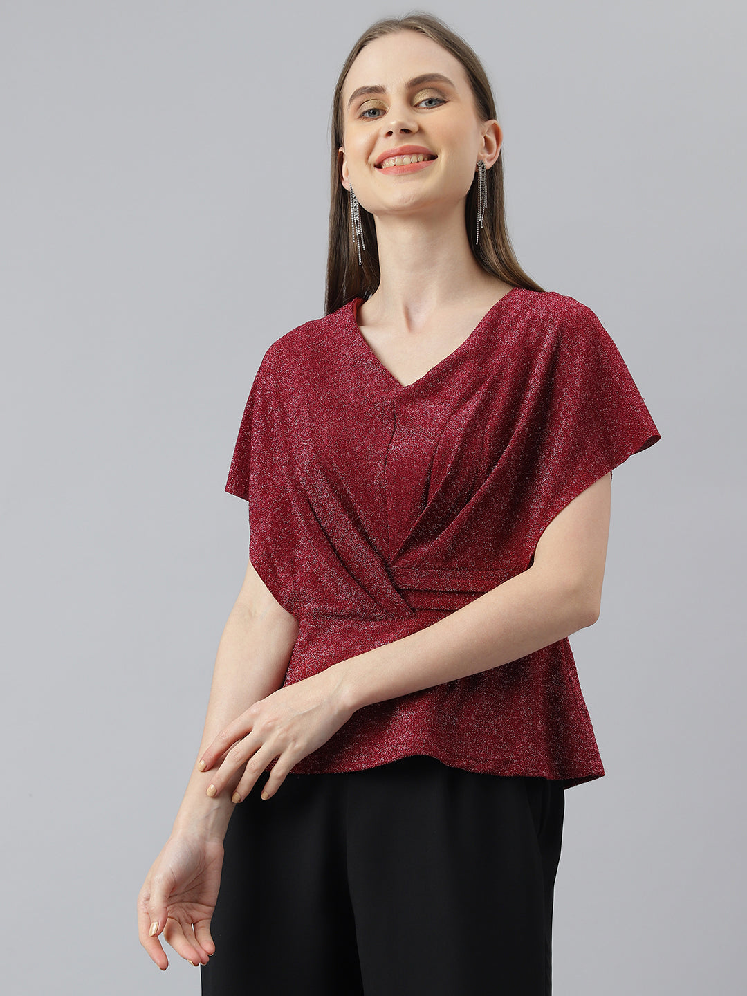 Red Short Sleeves Knit Top
