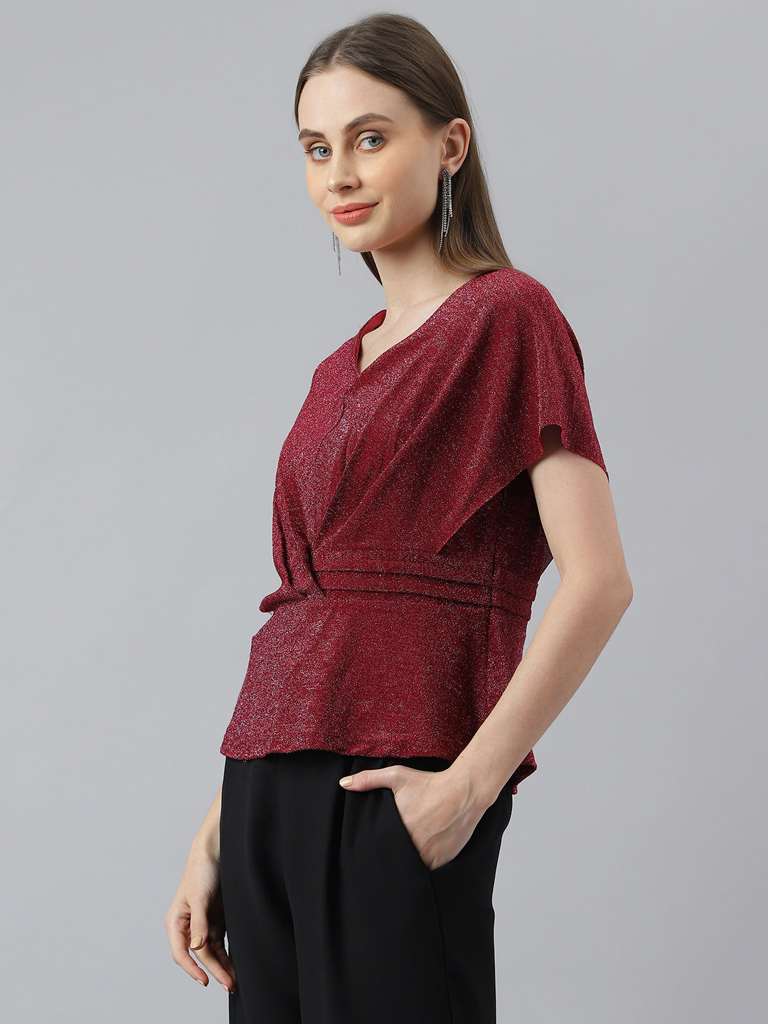 Red Short Sleeves Knit Top