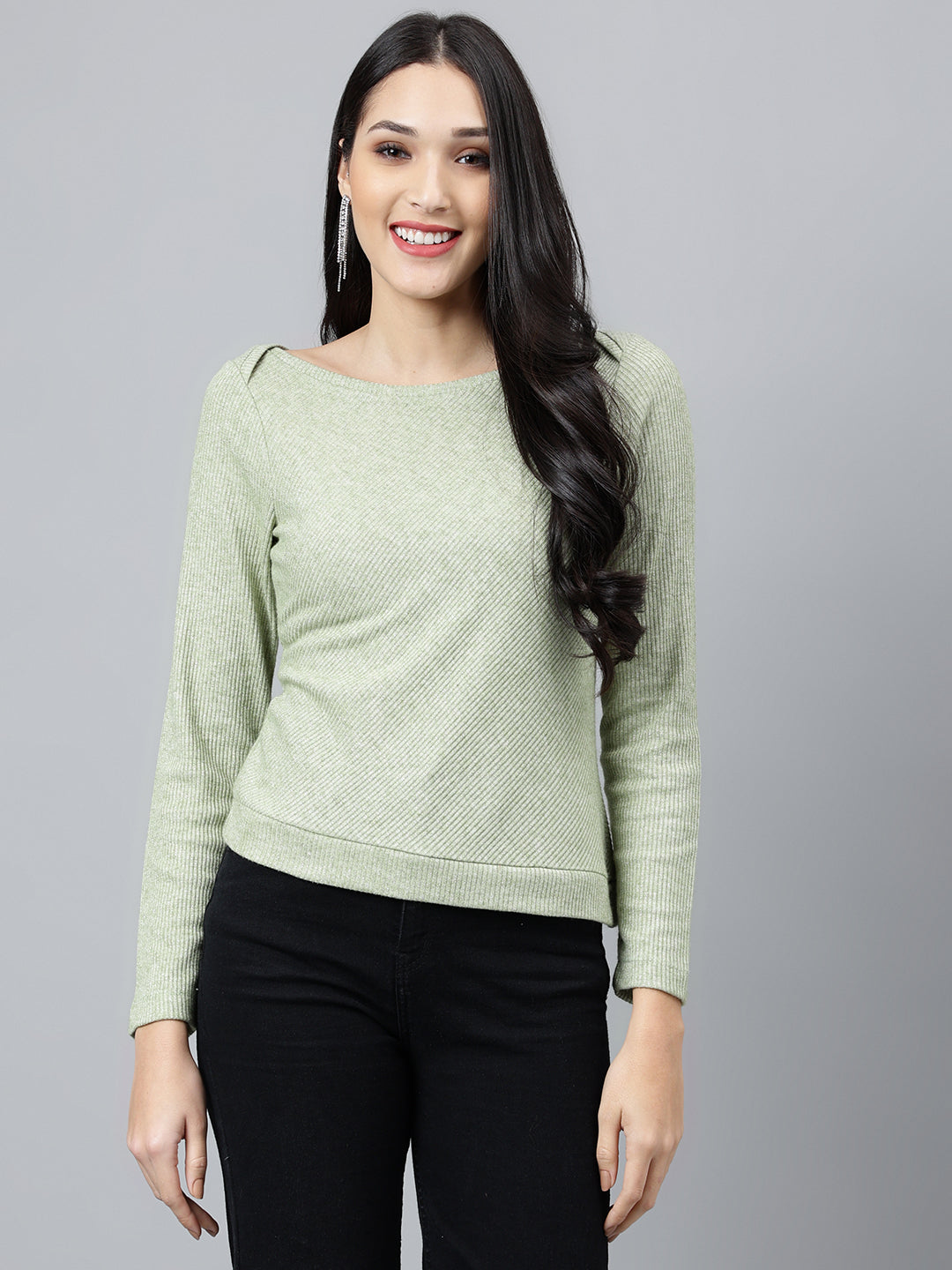 Green Solid Full Sleeve Casual Knit Top