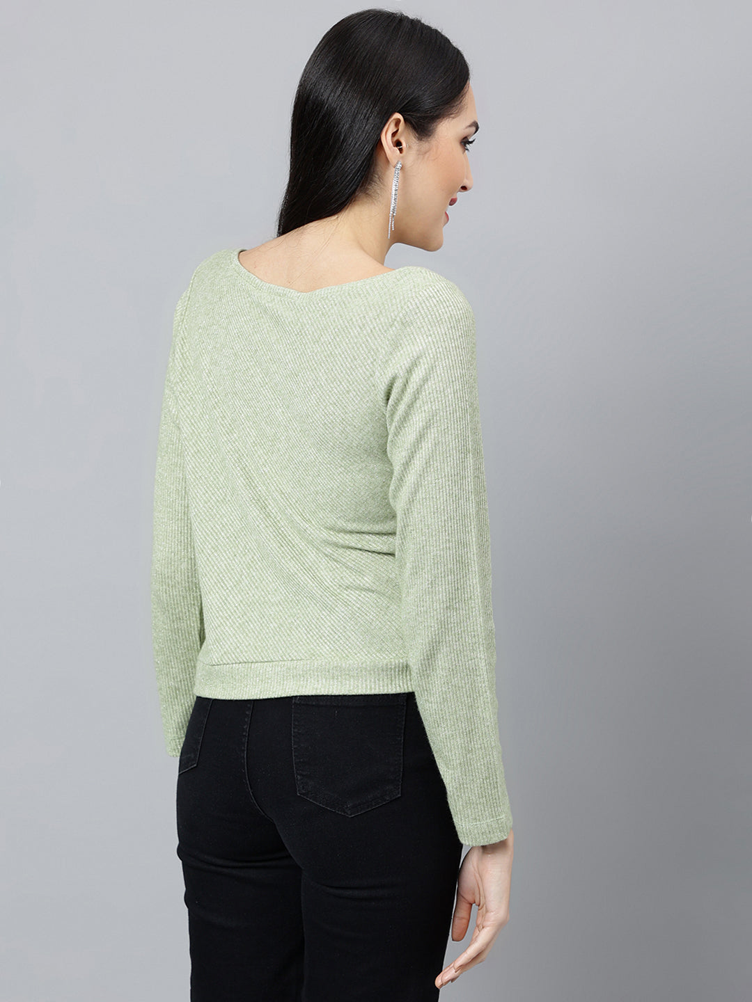 Green Solid Full Sleeve Casual Knit Top