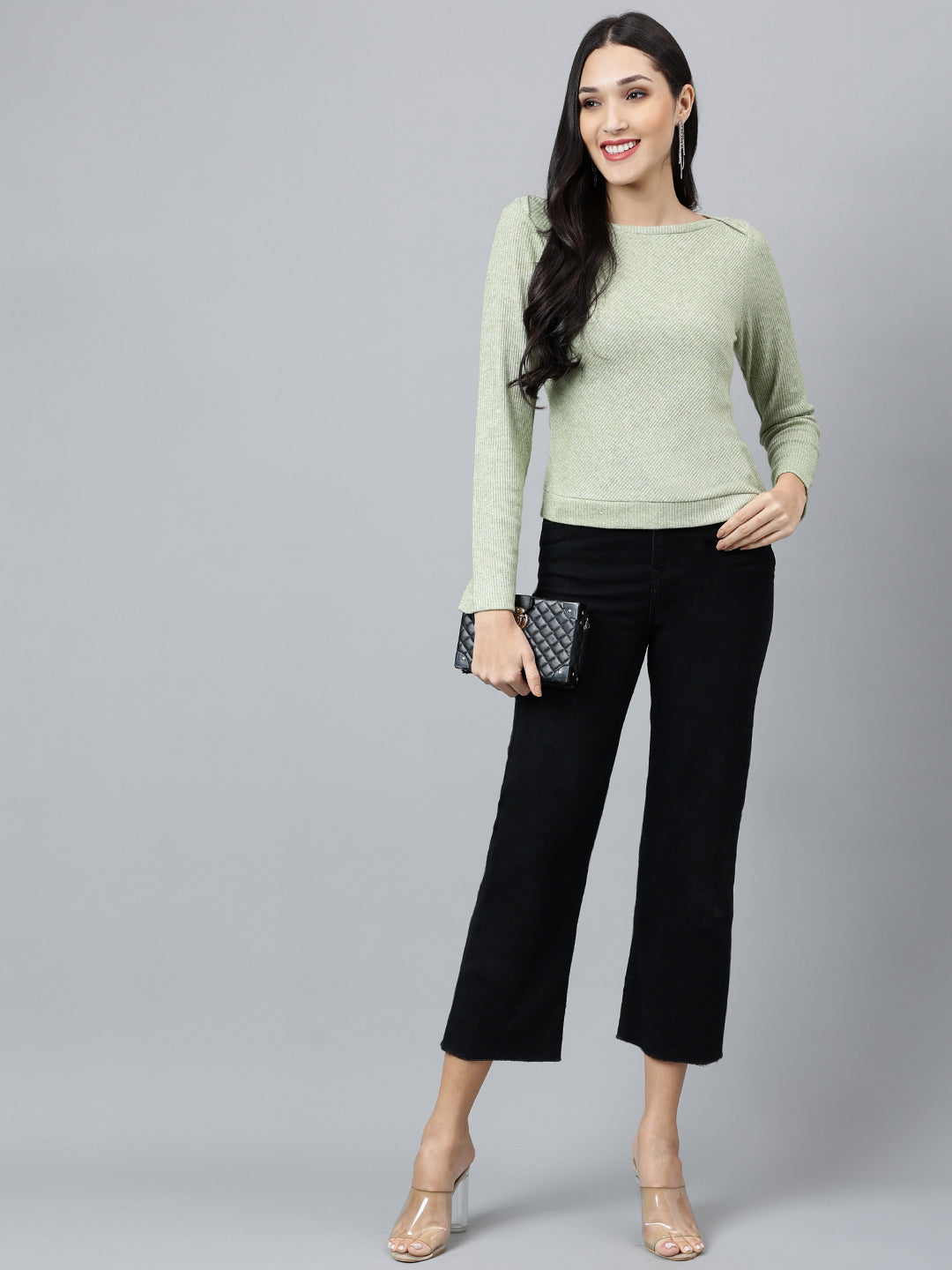 Green Solid Full Sleeve Casual Knit Top