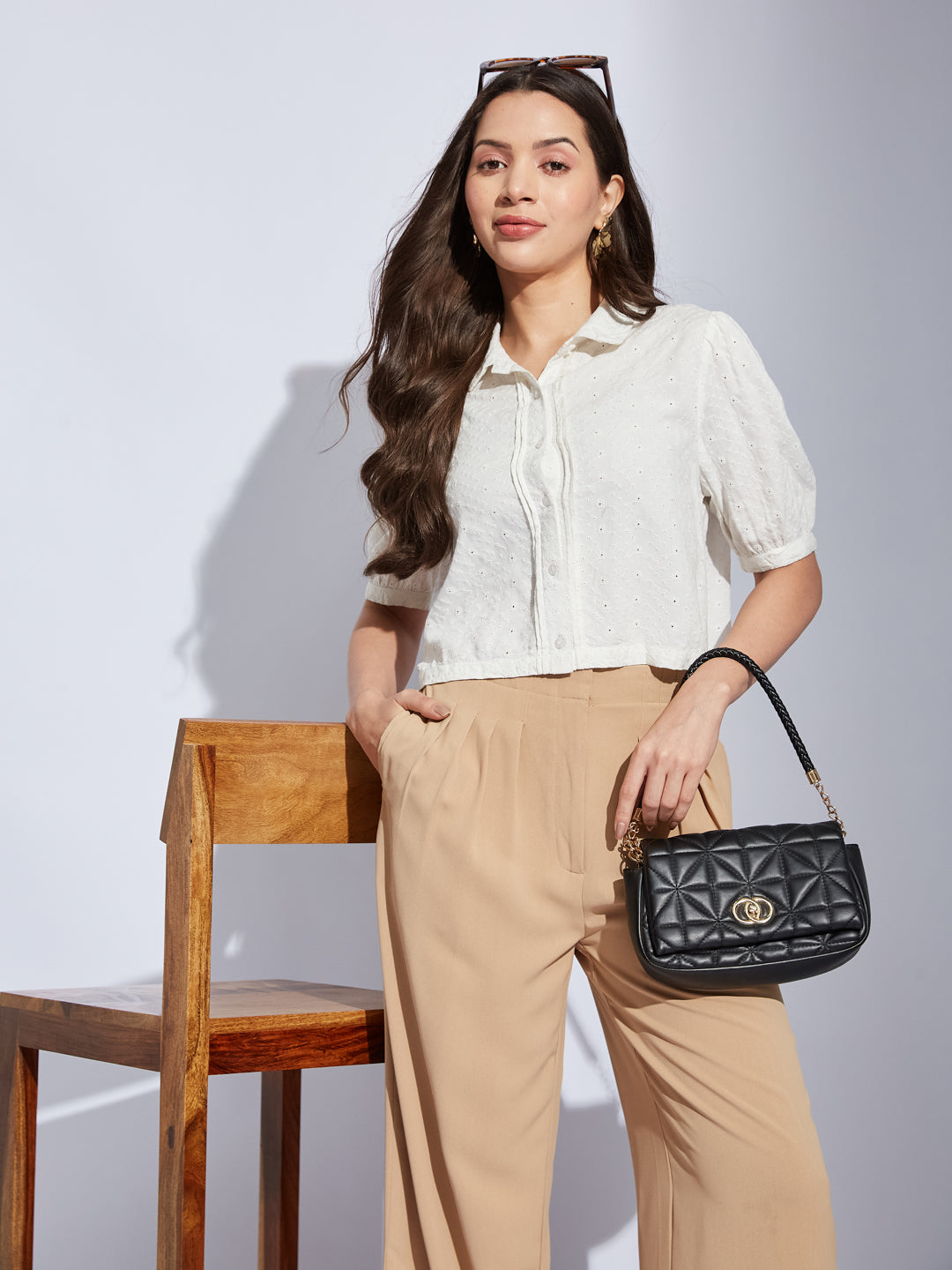 Latin Quarters Women Ivory Collared Half Sleeves Solid Shirt Blouse For Casual Wear