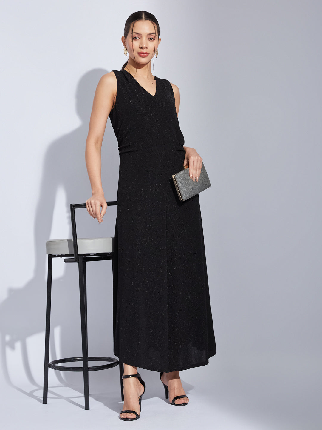 Latin Quarters Women Black V-Neck Sleeveless Solid A-Line Dress For Pa