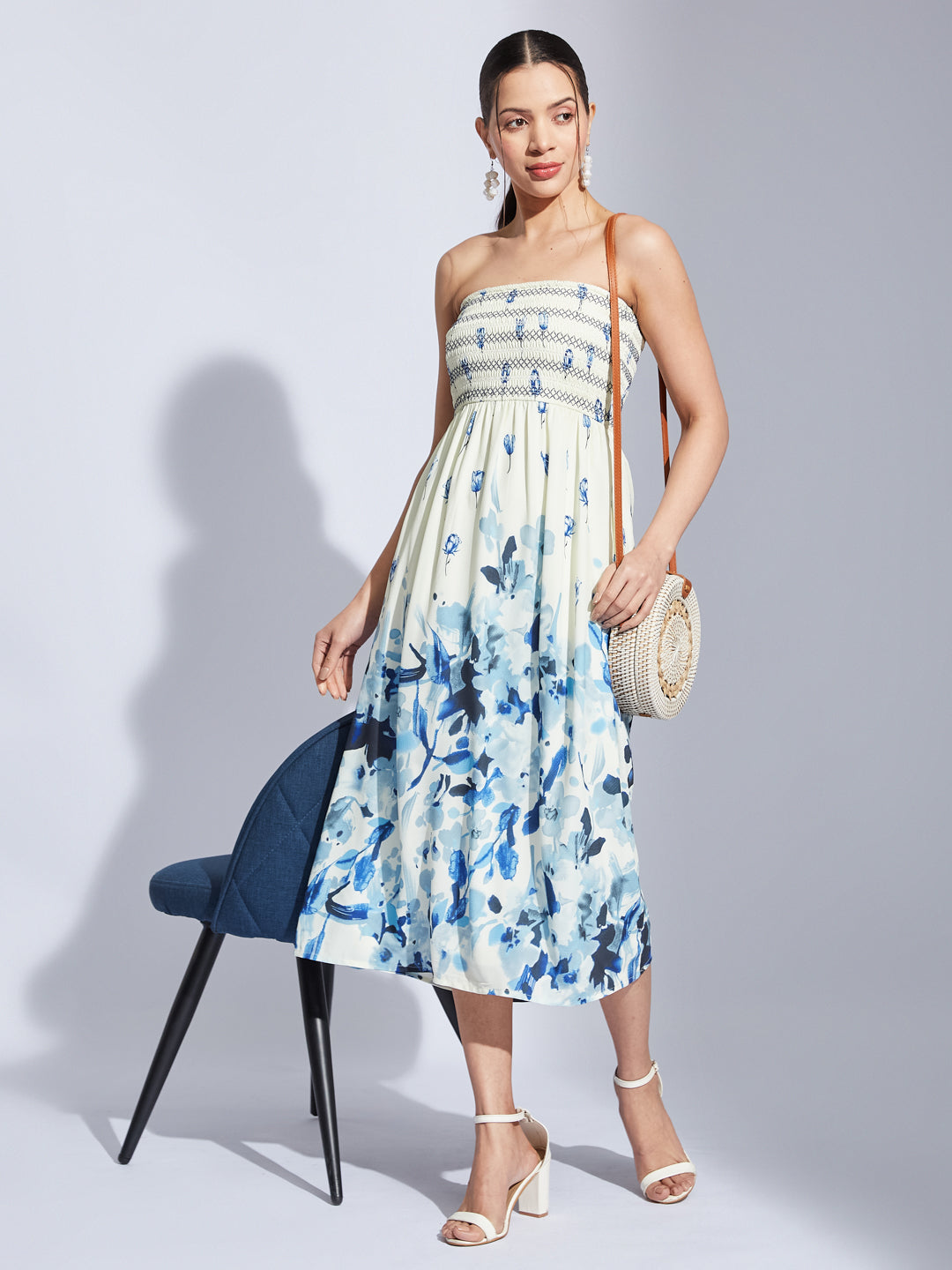 Latin Quarters Women Ivory Tube Neck Printed Fit & Flare Dress For Casual Wear