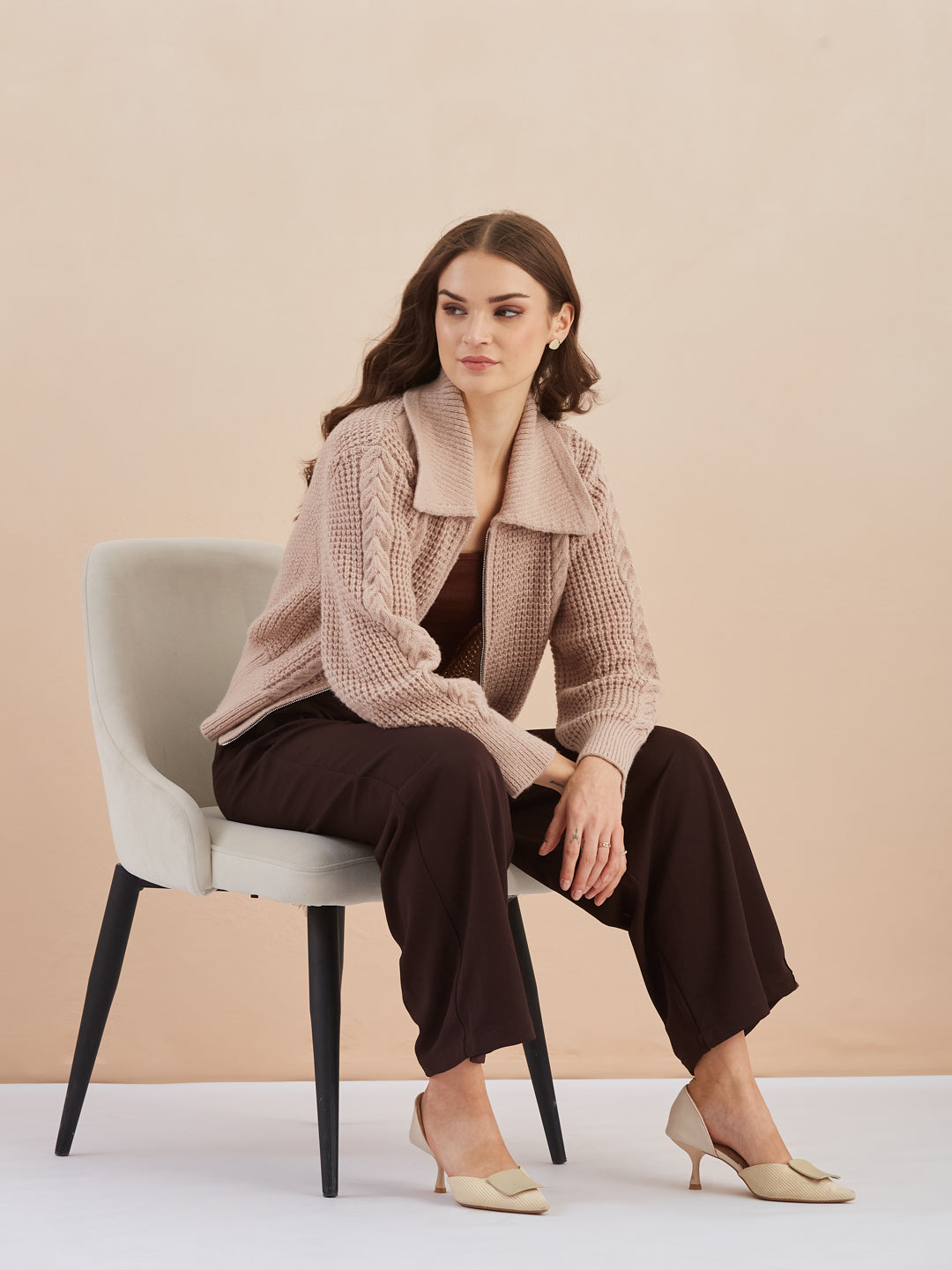 Latin Quarters Women's Beige Full Sleeves Collared Knitted Casual Regular Cardigan