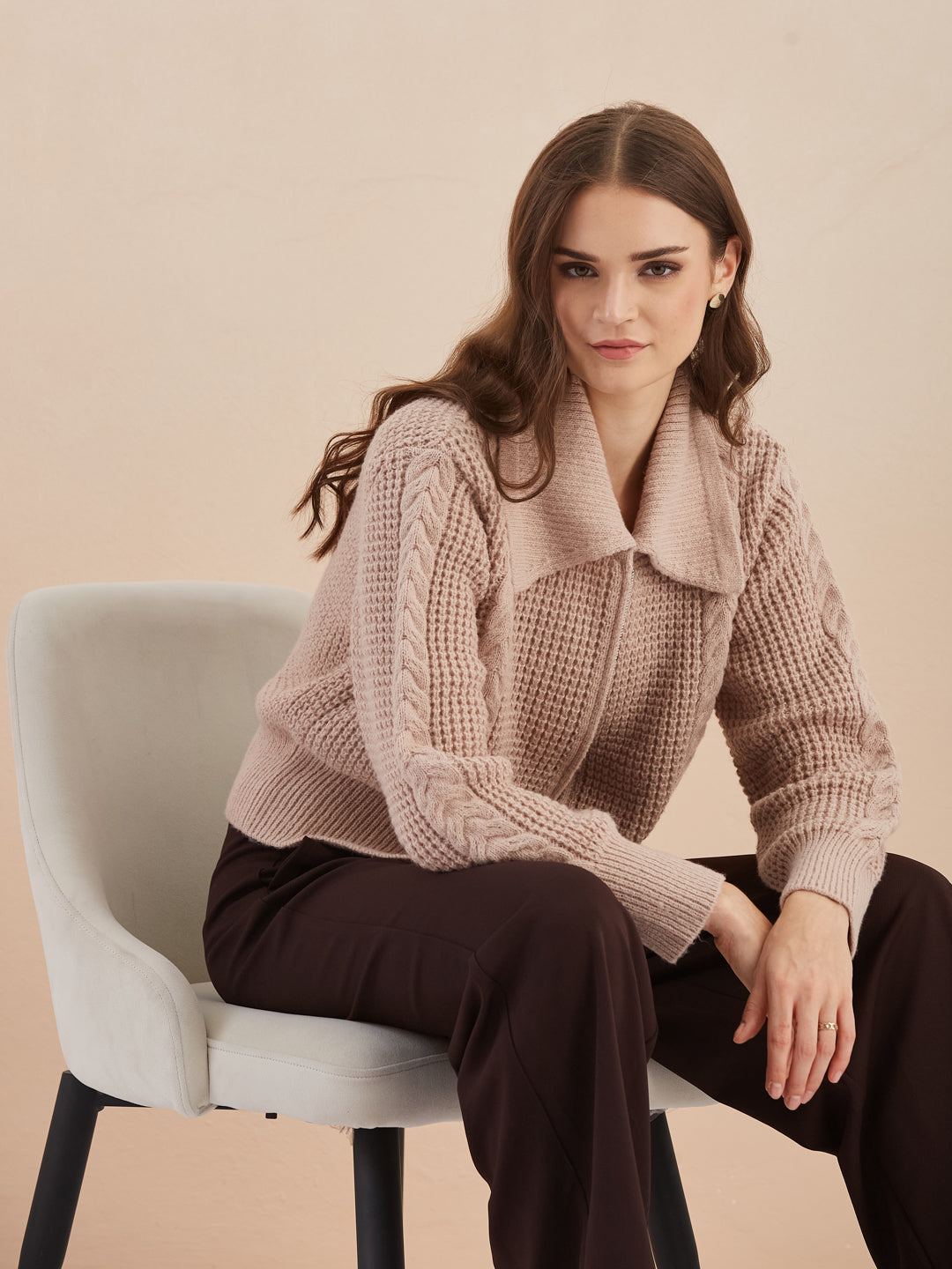 Latin Quarters Women's Beige Full Sleeves Collared Knitted Casual Regular Cardigan