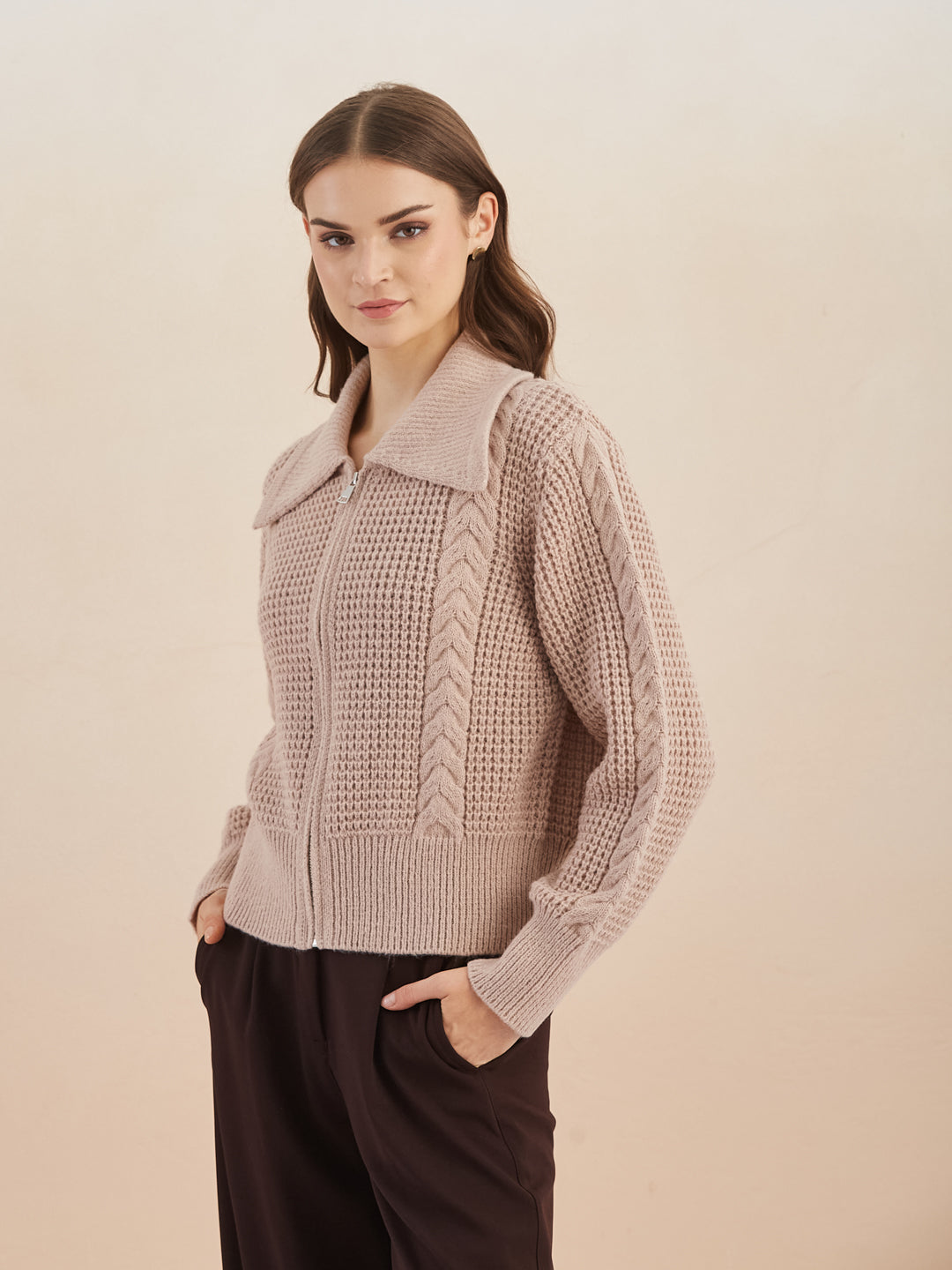 Latin Quarters Women's Beige Full Sleeves Collared Knitted Casual Regular Cardigan