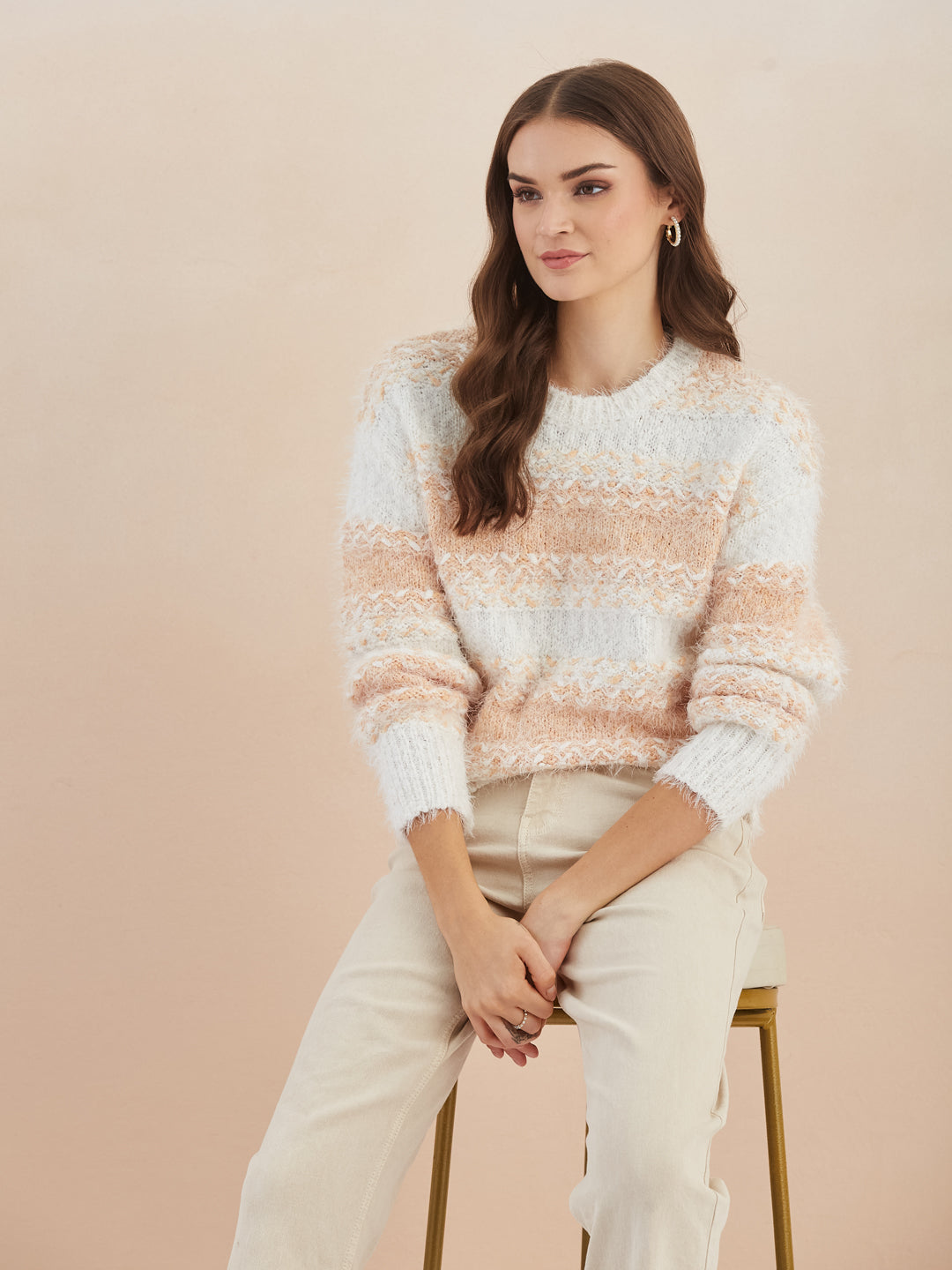 Latin Quarters Women's White Full Sleeves Round Neck Knitted Casual Regular Sweater