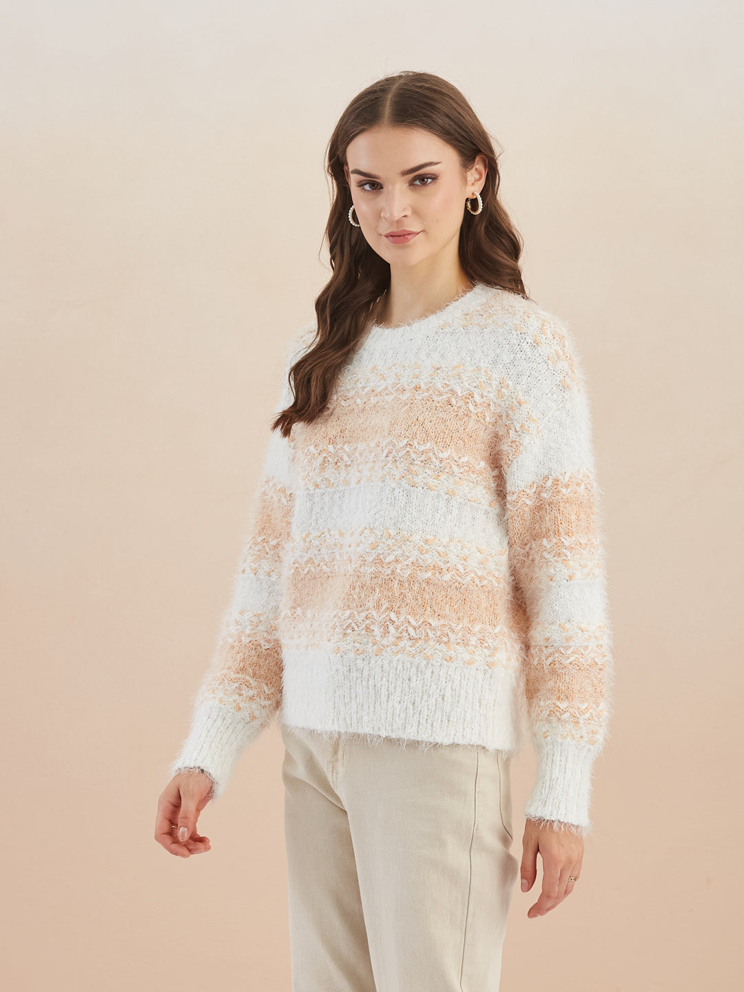 Latin Quarters Women's White Full Sleeves Round Neck Knitted Casual Regular Sweater
