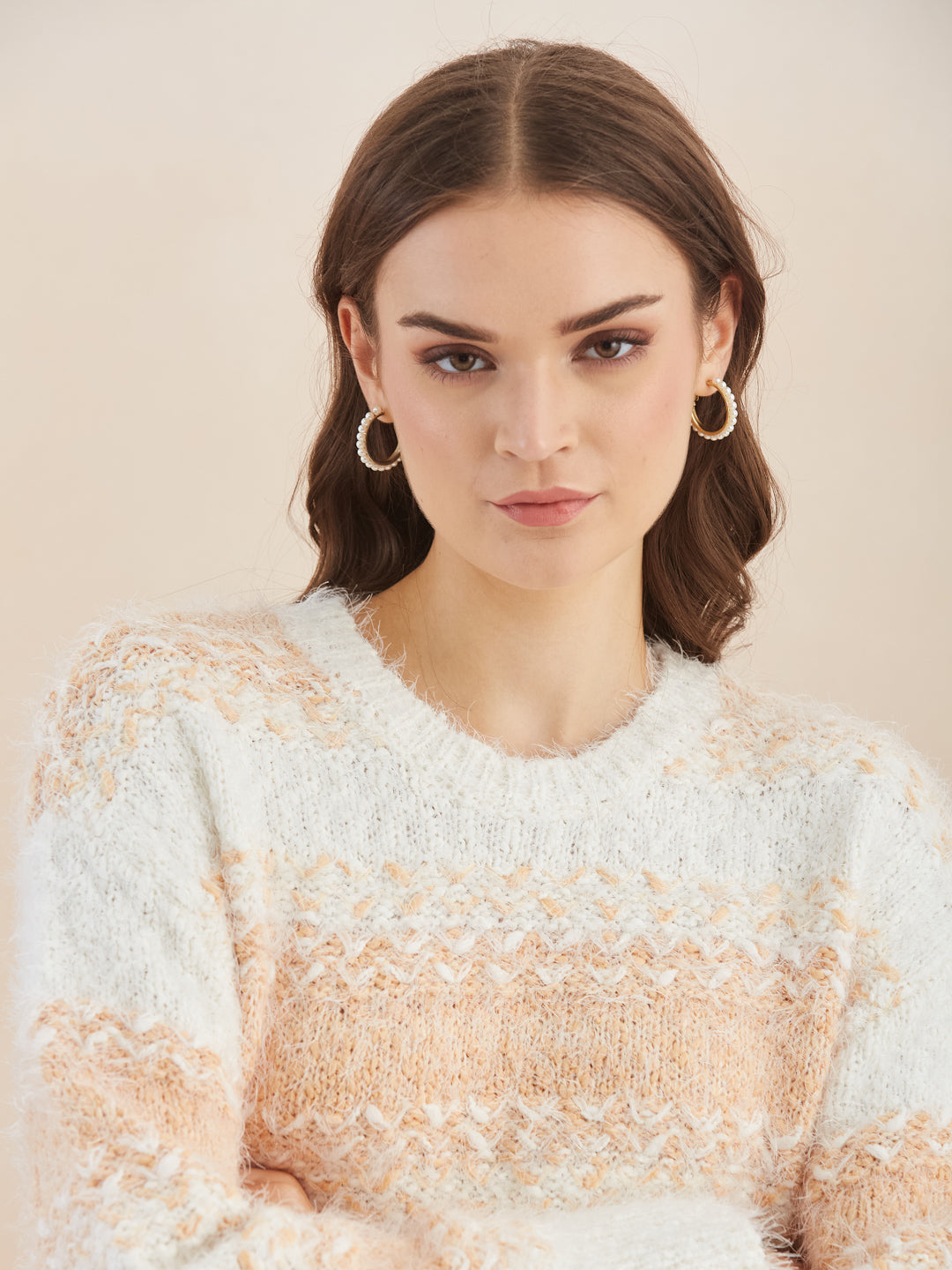 Latin Quarters Women's White Full Sleeves Round Neck Knitted Casual Regular Sweater