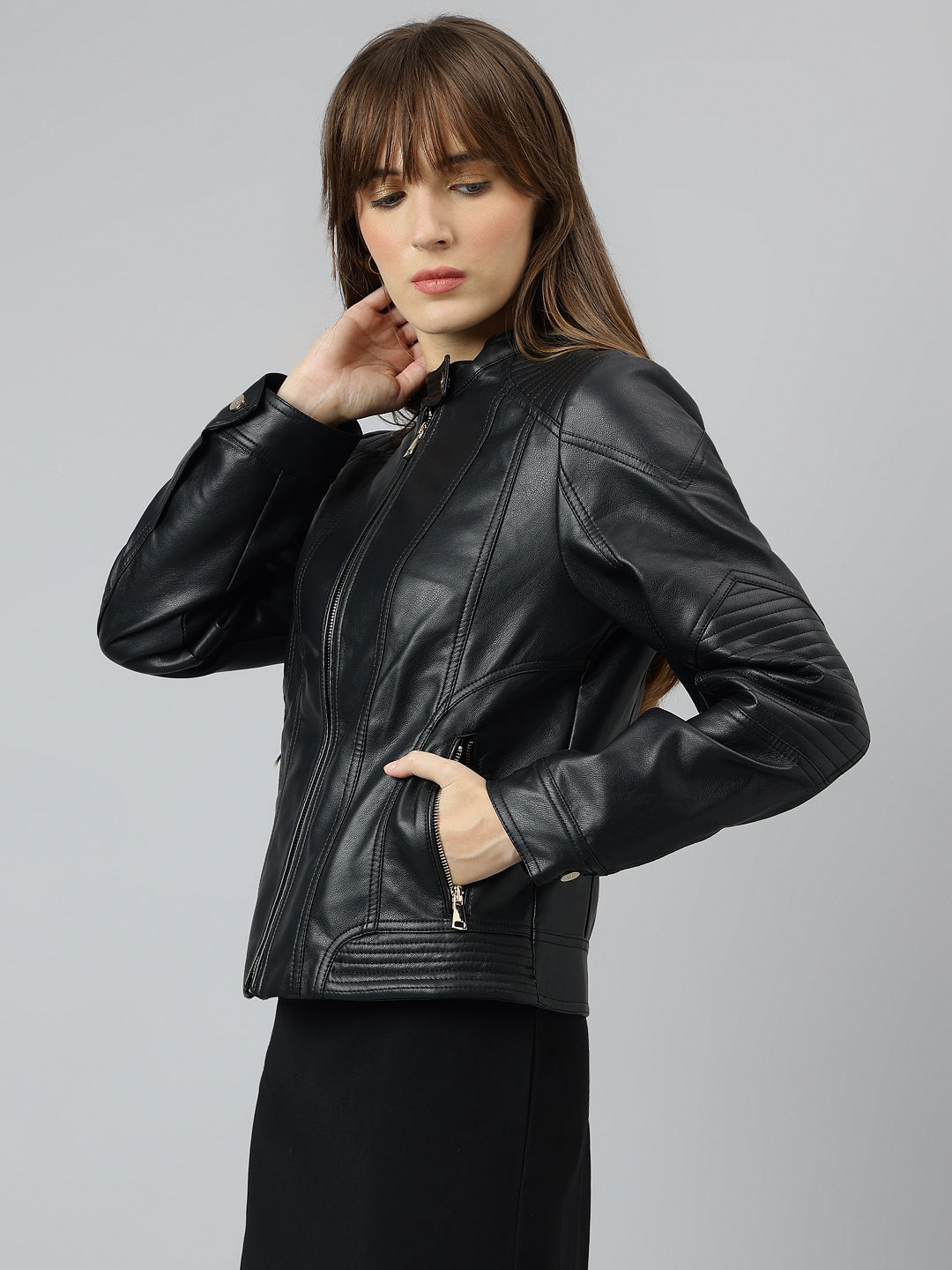 Latin Quarters Women Black Mandarin Neck Full Sleeve Solid Jacket