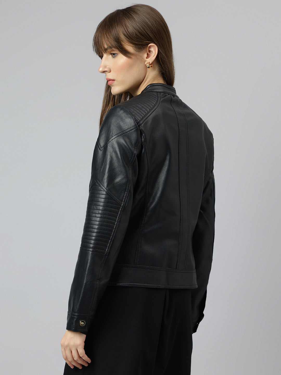 Latin Quarters Women Black Mandarin Neck Full Sleeve Solid Jacket