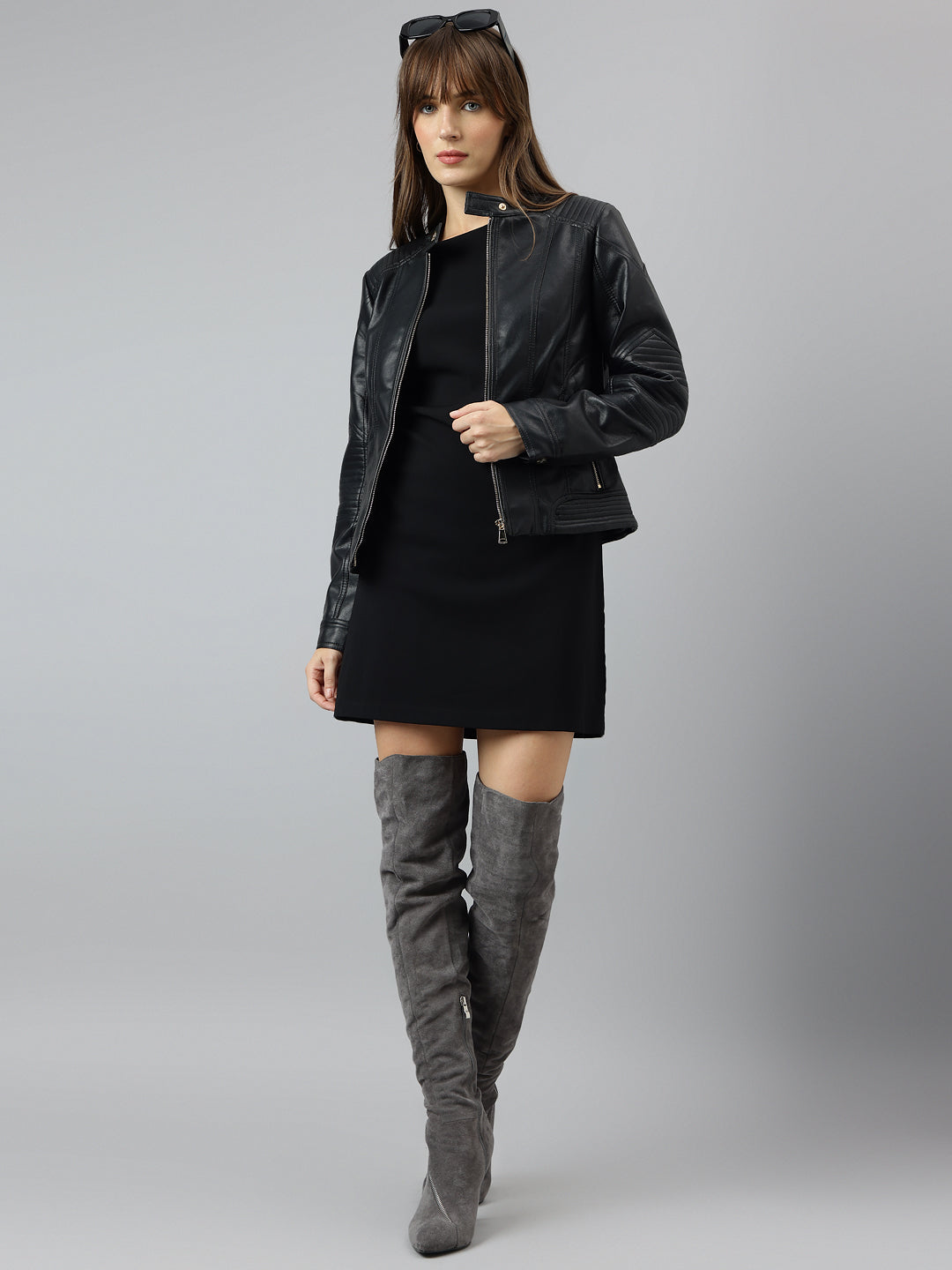Latin Quarters Women Black Mandarin Neck Full Sleeve Solid Jacket