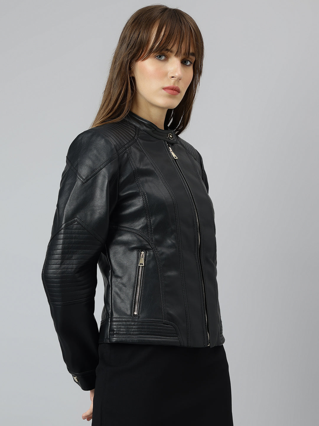 Latin Quarters Women Black Mandarin Neck Full Sleeve Solid Jacket